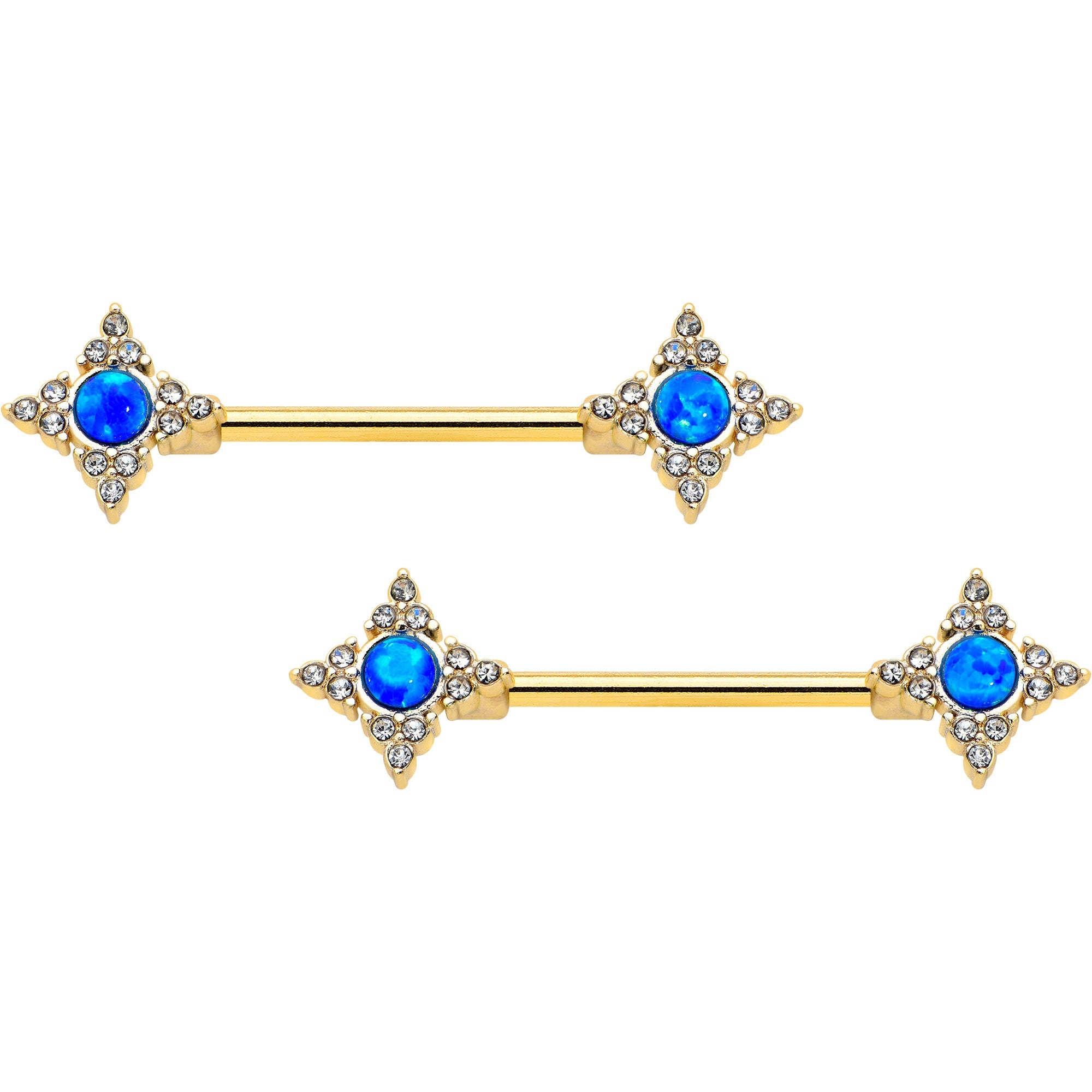 BodyCandy 14G 9/16 Blue Synthetic Opal Gold Tone Rhombus Nipple Ring Set — main product shot