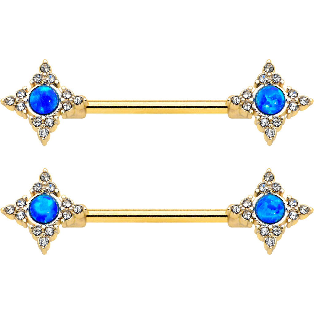 BodyCandy 14G 9/16 Blue Synthetic Opal Gold Tone Rhombus Nipple Ring Set — detail close-up