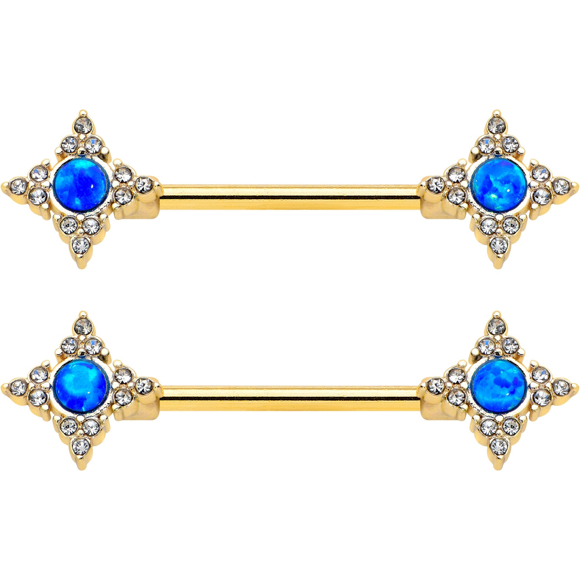 BodyCandy 14G 9/16 Blue Synthetic Opal Gold Tone Rhombus Nipple Ring Set — detail close-up
