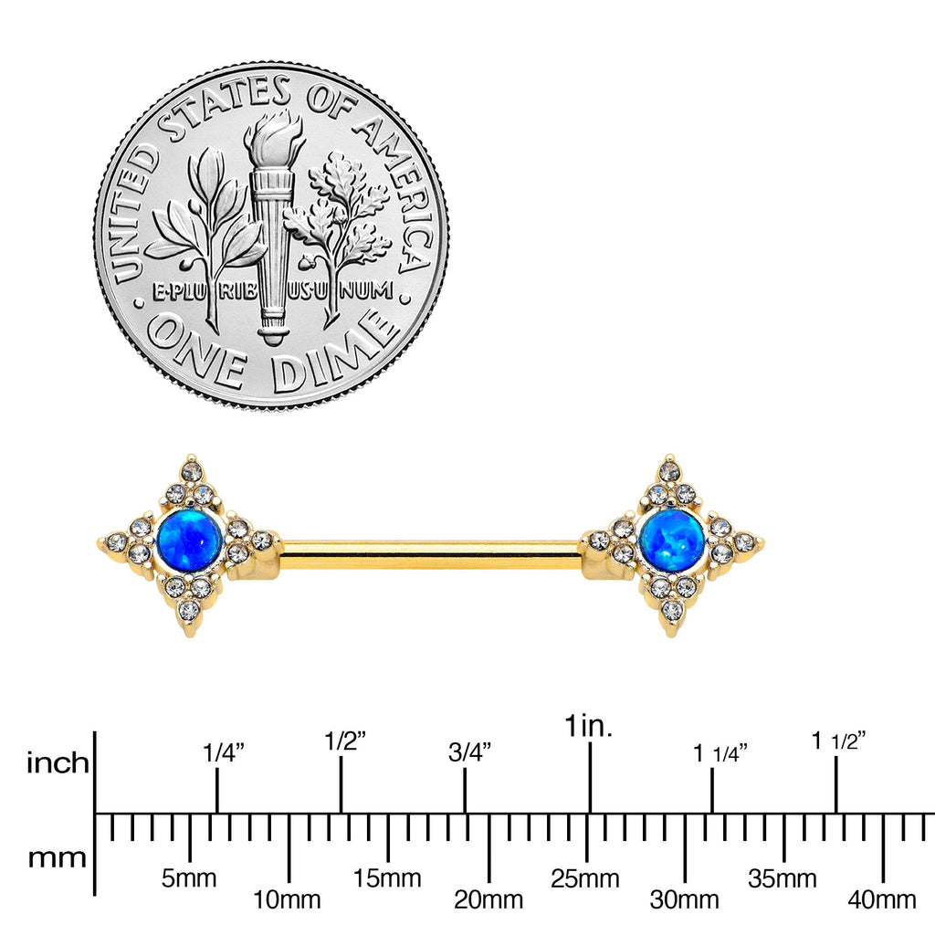 BodyCandy 14G 9/16 Blue Synthetic Opal Gold Tone Rhombus Nipple Ring Set — lifestyle context
