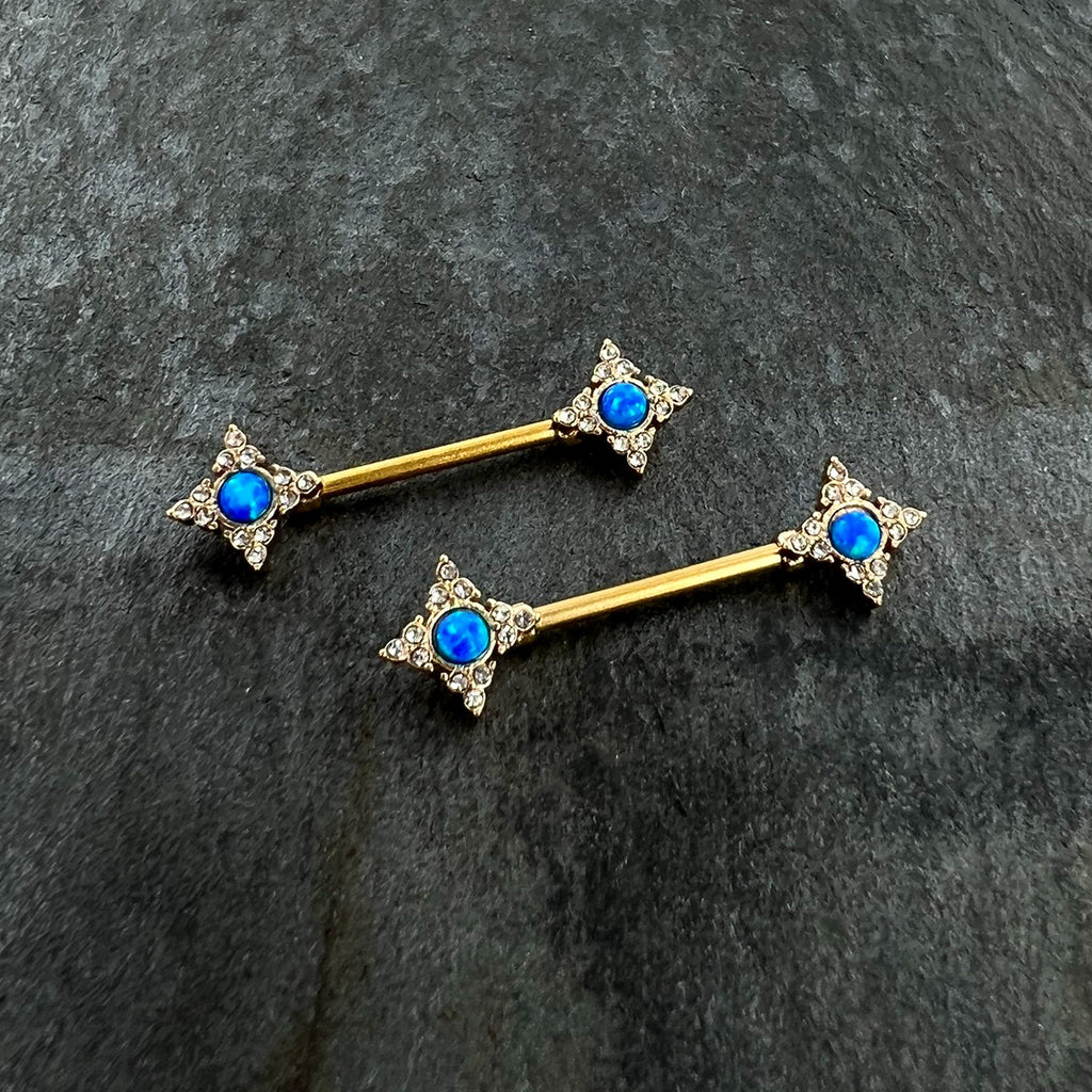 BodyCandy 14G 9/16 Blue Synthetic Opal Gold Tone Rhombus Nipple Ring Set — side view