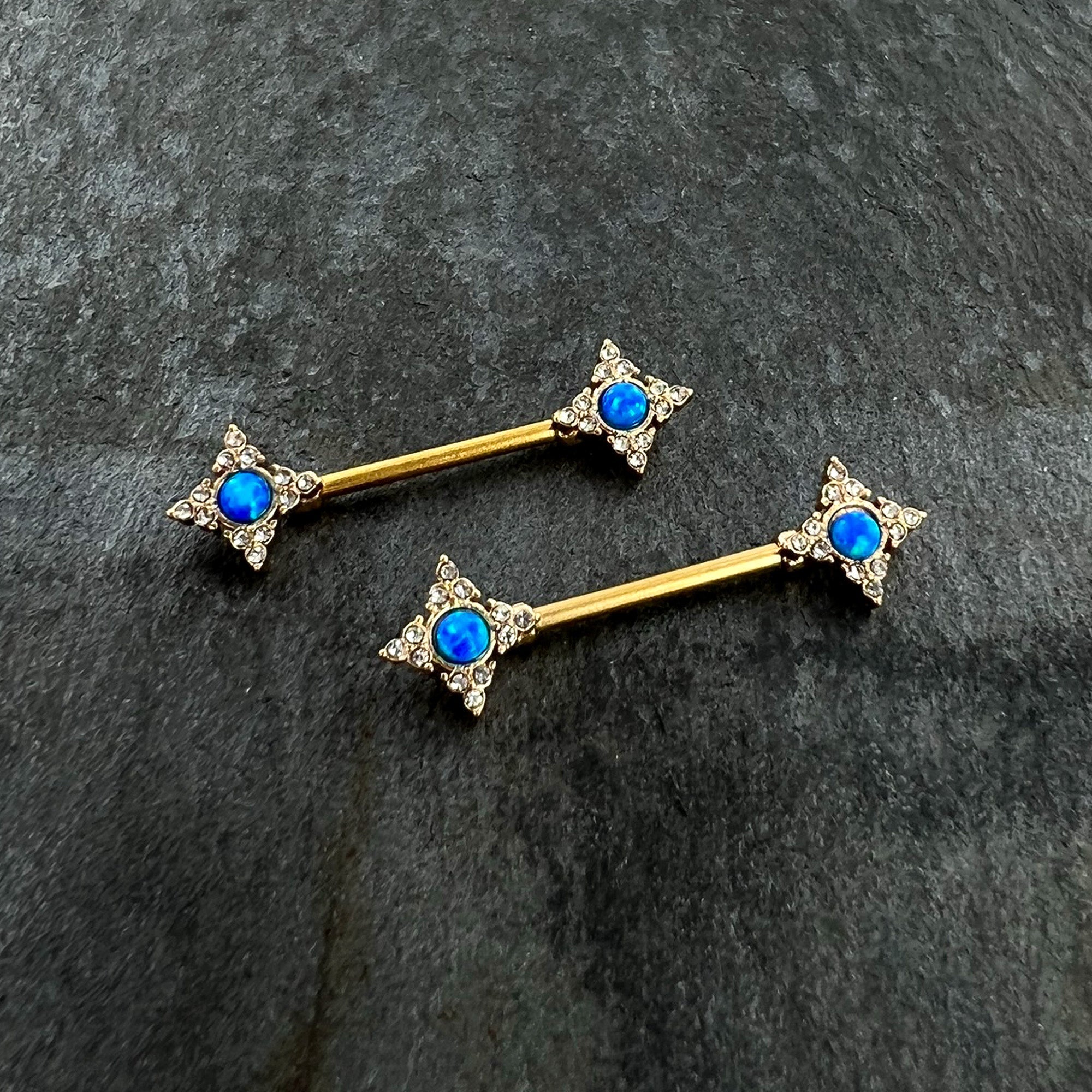 BodyCandy 14G 9/16 Blue Synthetic Opal Gold Tone Rhombus Nipple Ring Set — side view