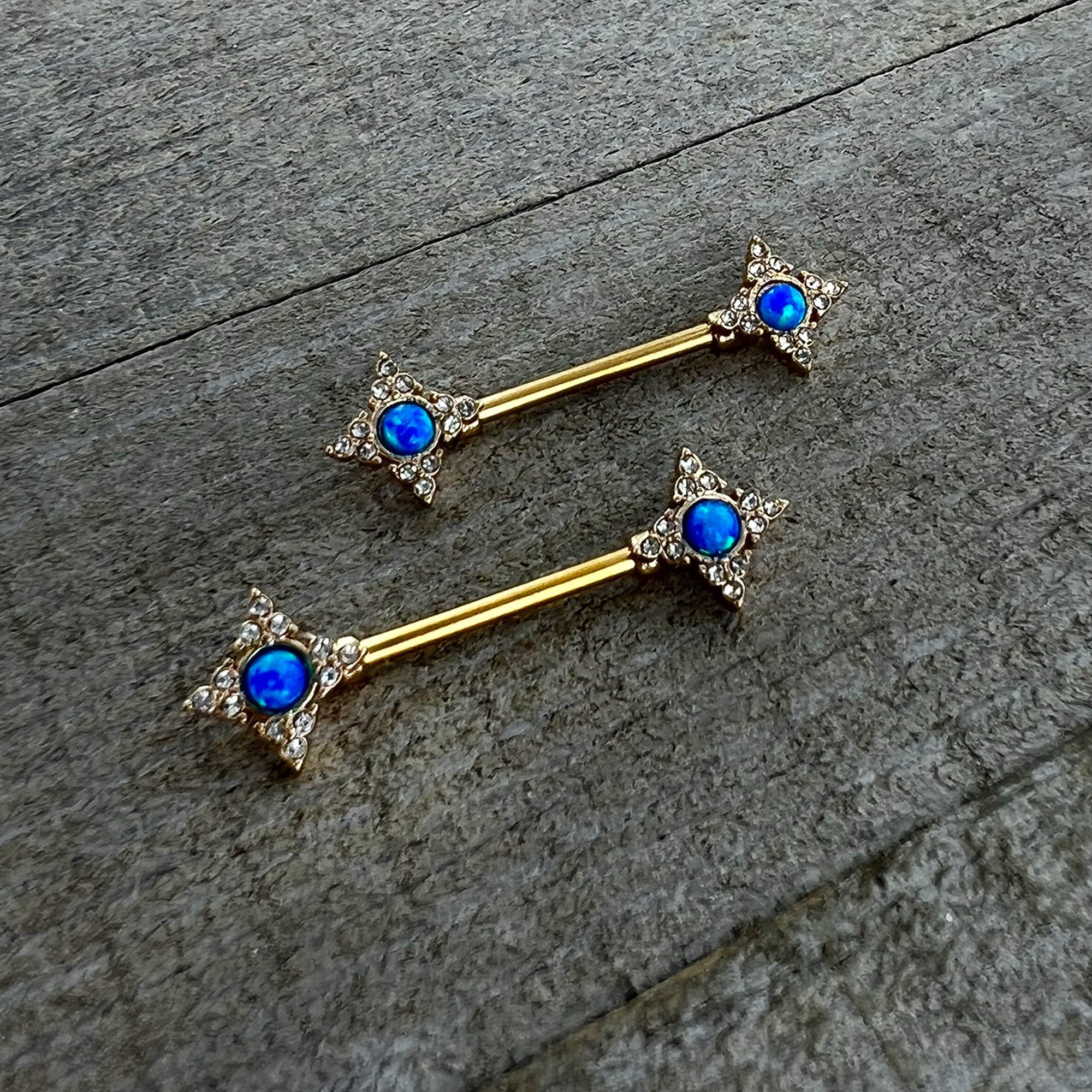 BodyCandy 14G 9/16 Blue Synthetic Opal Gold Tone Rhombus Nipple Ring Set — back view