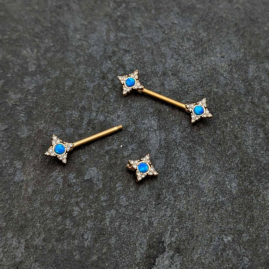 BodyCandy 14G 9/16 Blue Synthetic Opal Gold Tone Rhombus Nipple Ring Set — alternative angle
