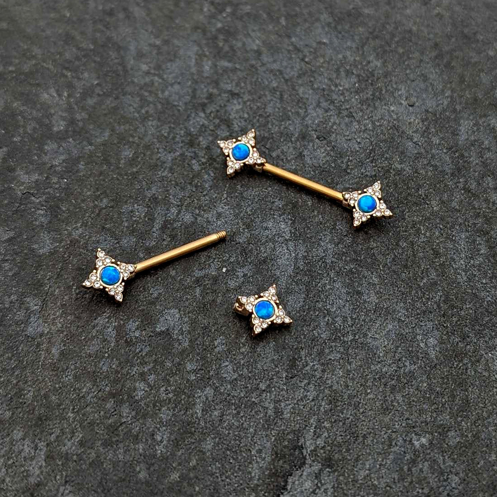 BodyCandy 14G 9/16 Blue Synthetic Opal Gold Tone Rhombus Nipple Ring Set — alternative angle