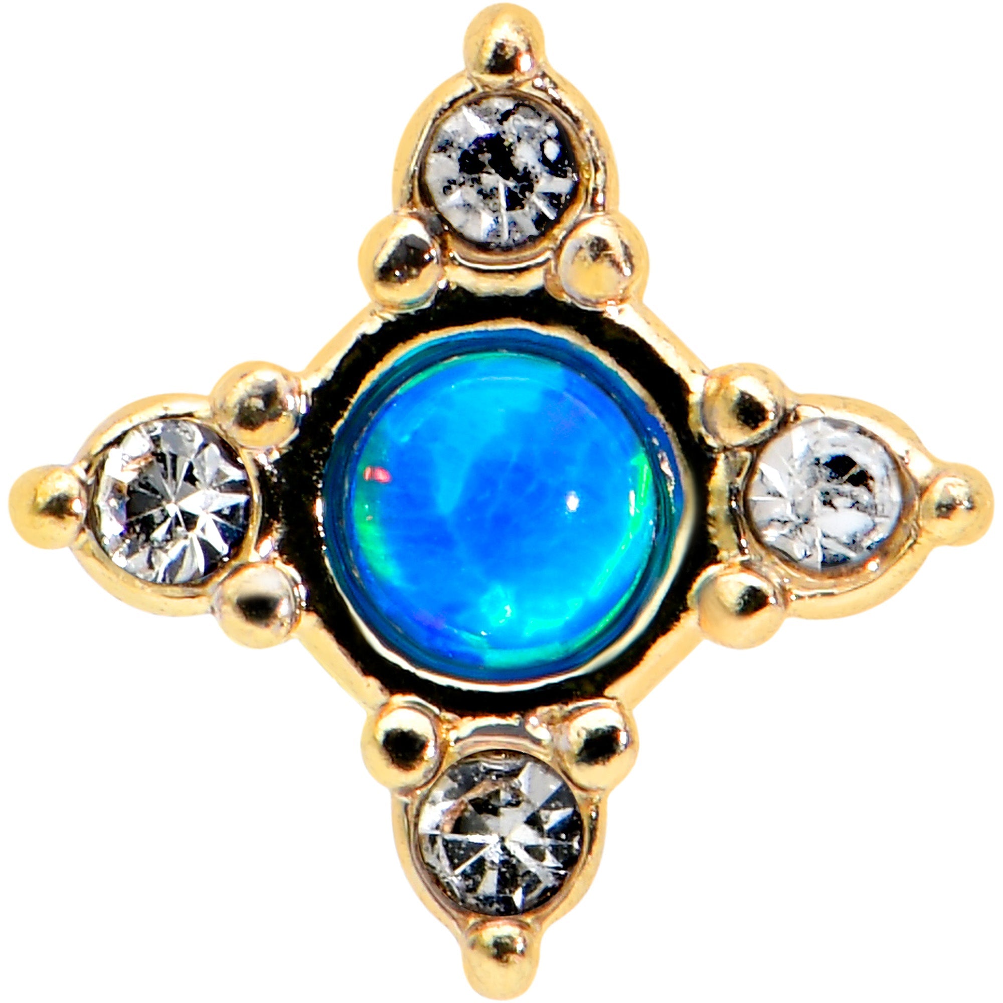 BodyCandy 16G 5/16 Blue Synthetic Opal Gold Hue Rhombus Labret Monroe Tragus — detail close-up