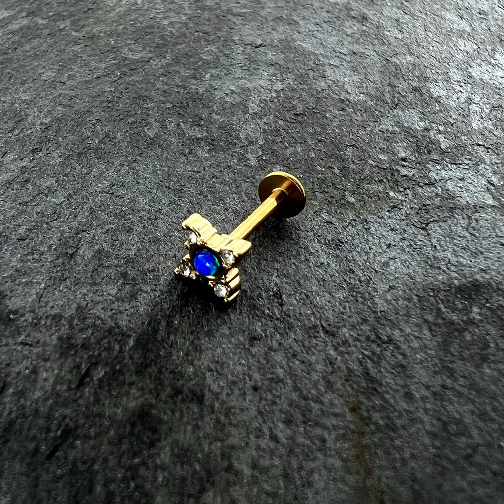 BodyCandy 16G 5/16 Blue Synthetic Opal Gold Hue Rhombus Labret Monroe Tragus — alternative angle