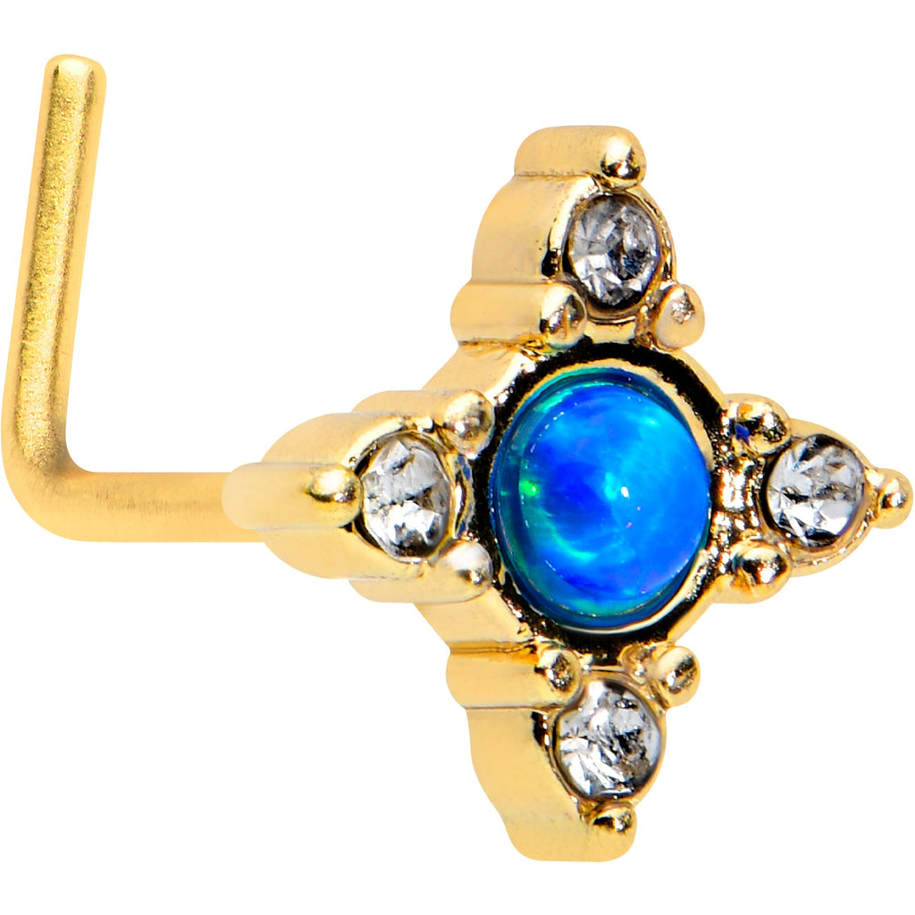 BodyCandy 20G 1/4 Blue Synthetic Opal Gold Hue Rhombus L Shape Nose Ring — main product shot