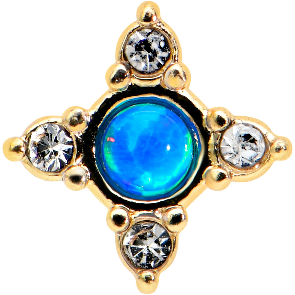 BodyCandy 20G 1/4 Blue Synthetic Opal Gold Hue Rhombus L Shape Nose Ring — detail close-up