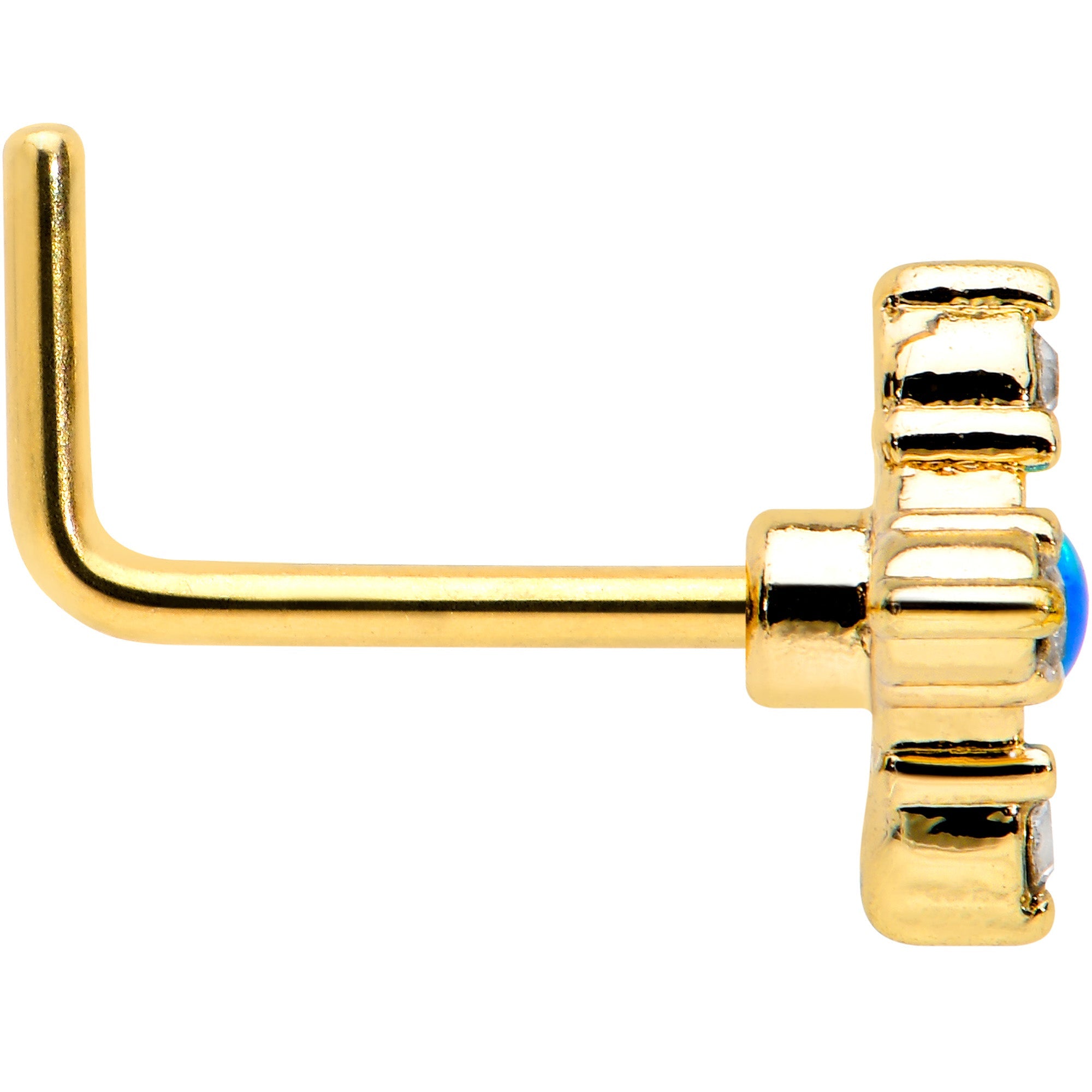 BodyCandy 20G 1/4 Blue Synthetic Opal Gold Hue Rhombus L Shape Nose Ring — lifestyle context