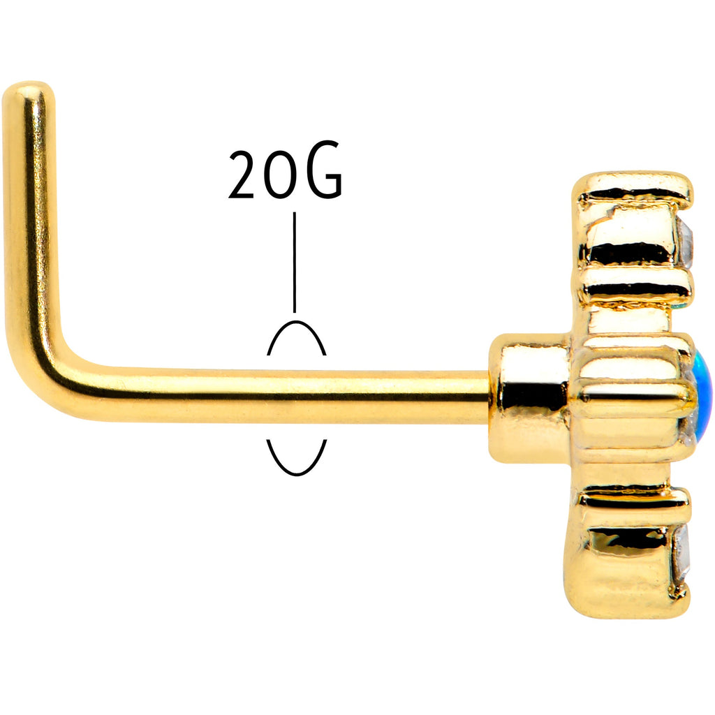 BodyCandy 20G 1/4 Blue Synthetic Opal Gold Hue Rhombus L Shape Nose Ring — back view