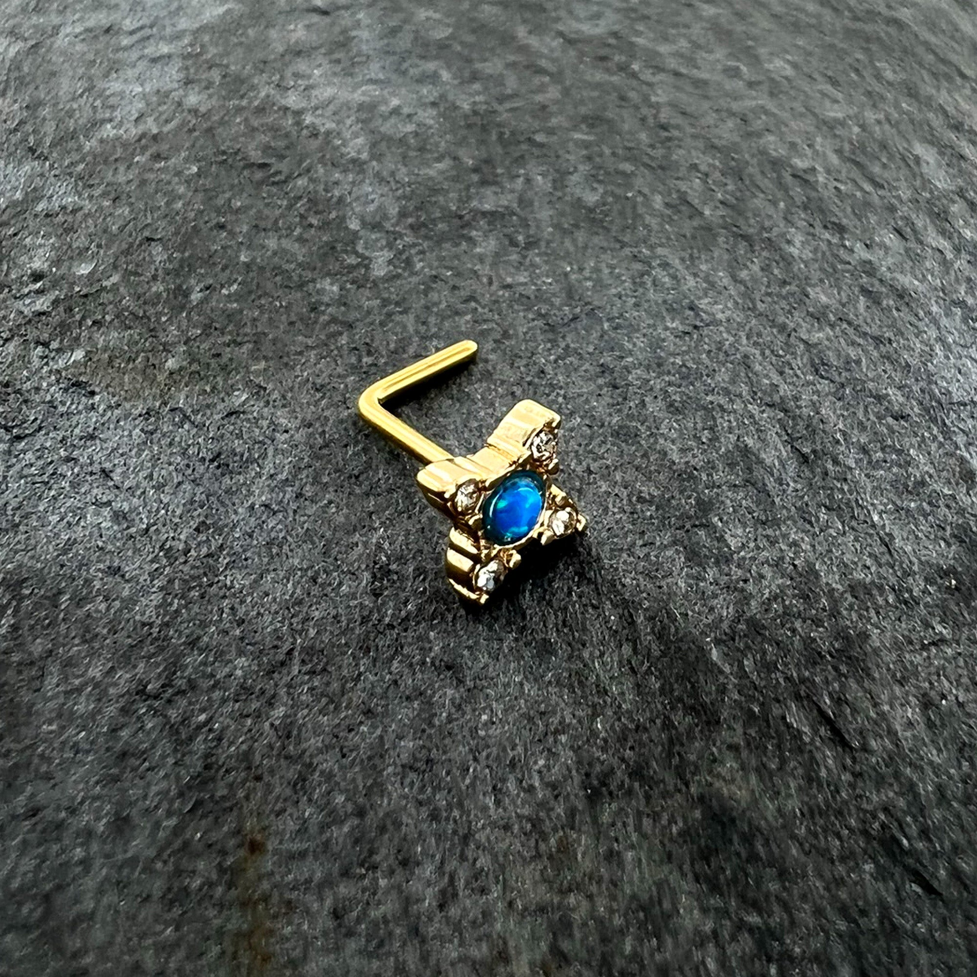 BodyCandy 20G 1/4 Blue Synthetic Opal Gold Hue Rhombus L Shape Nose Ring — alternative angle
