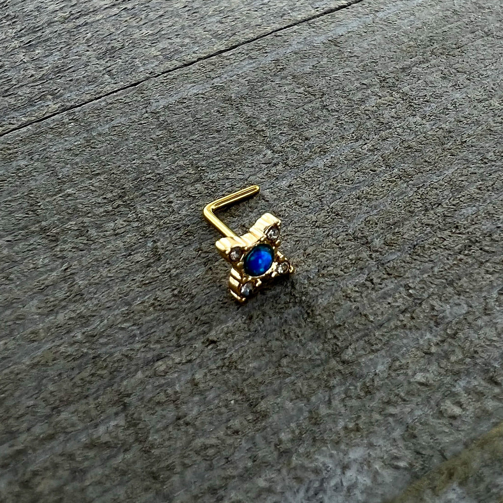 BodyCandy 20G 1/4 Blue Synthetic Opal Gold Hue Rhombus L Shape Nose Ring — in-use photo