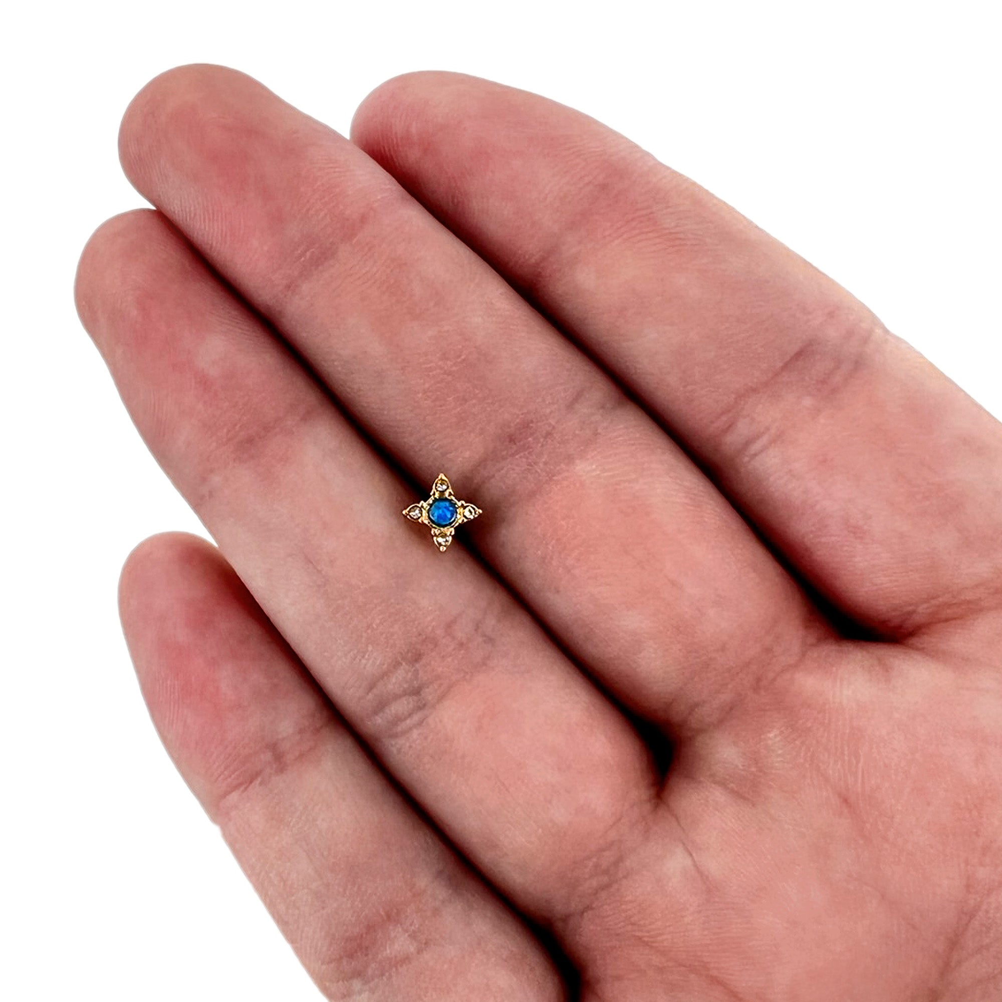 BodyCandy 20G 1/4 Blue Synthetic Opal Gold Hue Rhombus L Shape Nose Ring — size reference