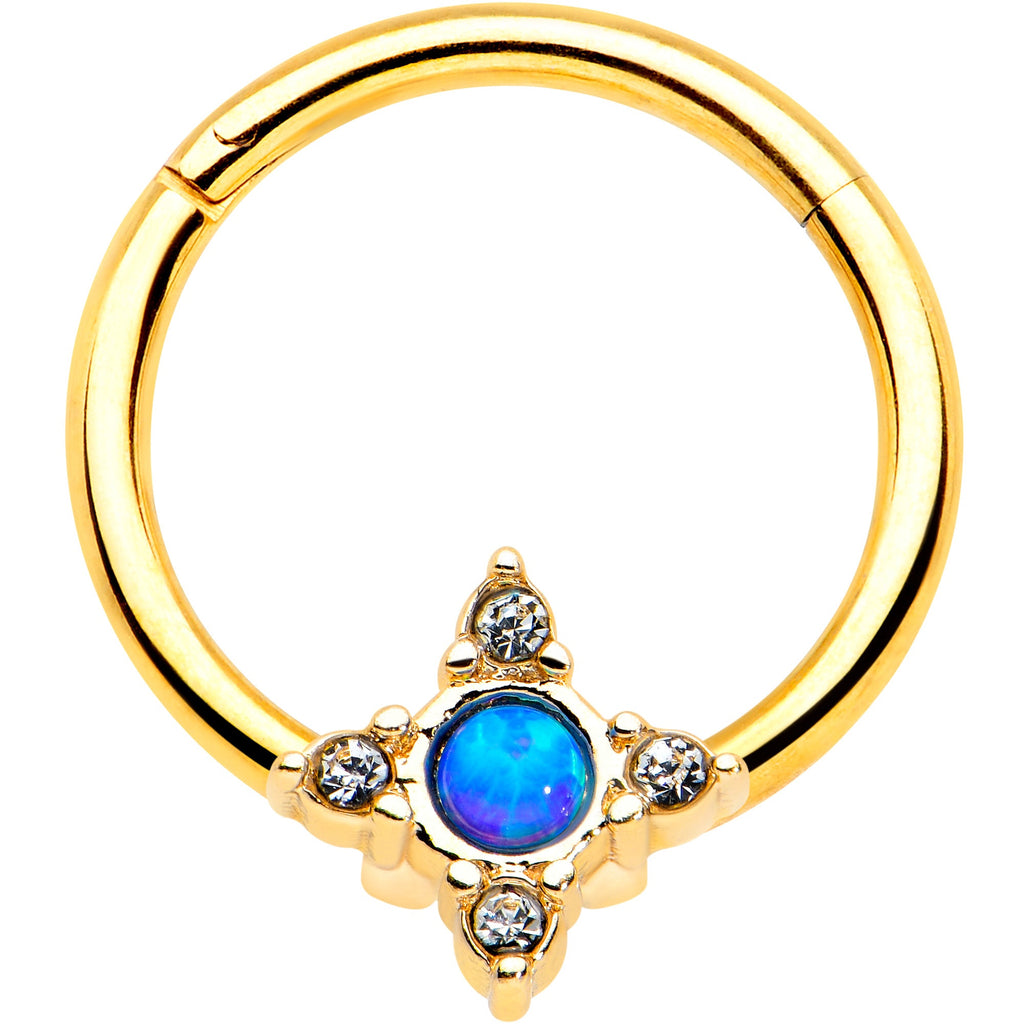 BodyCandy 16G 3/8 Blue Synthetic Opal Gold Hue Rhombus Hinged Segment Ring — main product shot