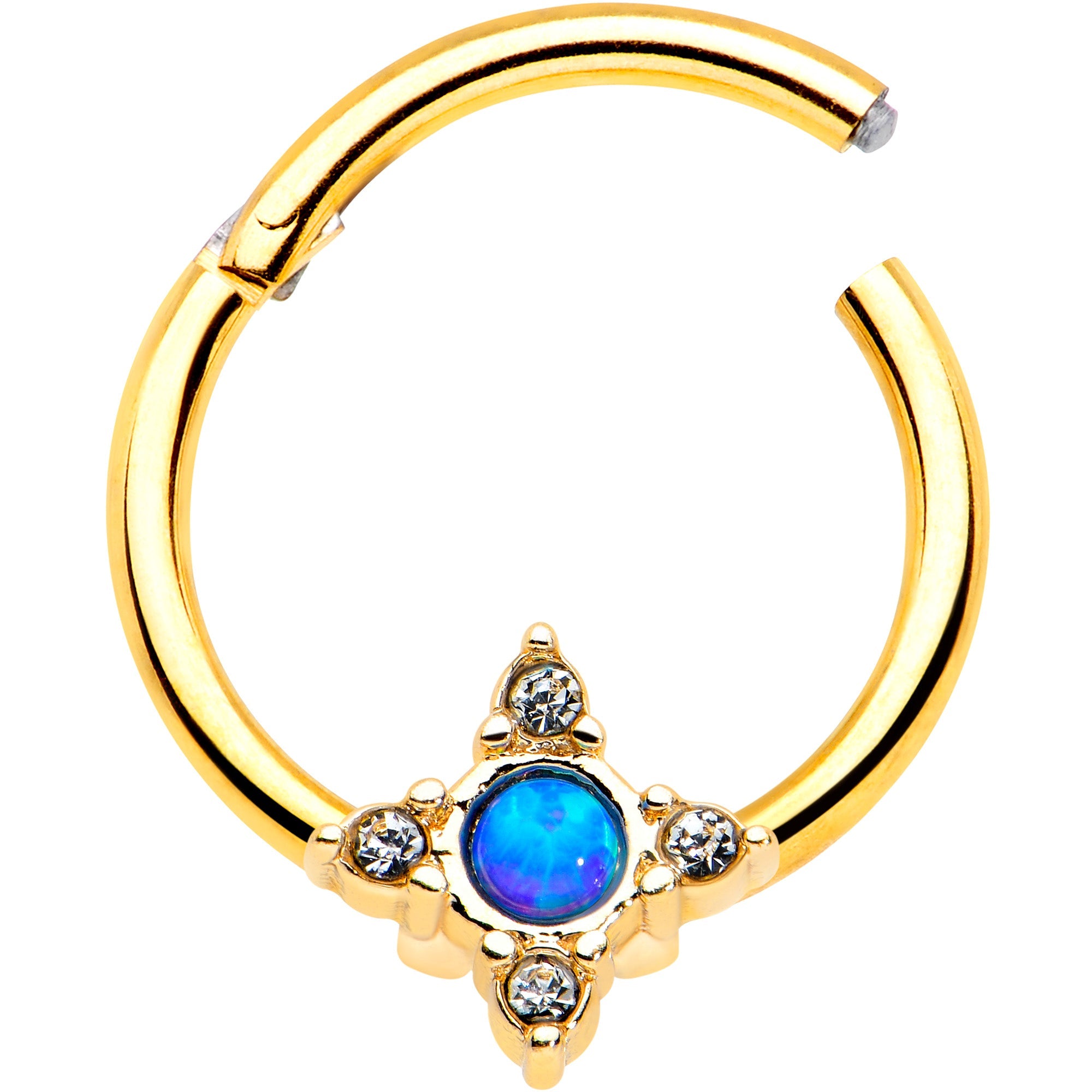 BodyCandy 16G 3/8 Blue Synthetic Opal Gold Hue Rhombus Hinged Segment Ring — detail close-up
