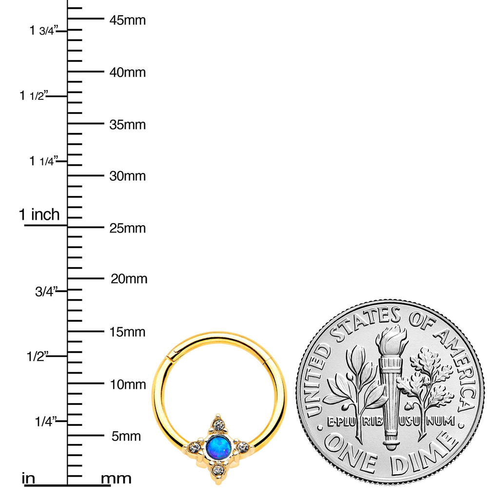 BodyCandy 16G 3/8 Blue Synthetic Opal Gold Hue Rhombus Hinged Segment Ring — lifestyle context