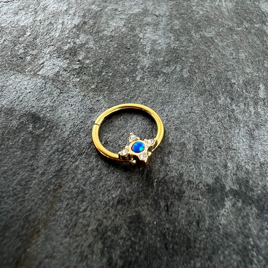 BodyCandy 16G 3/8 Blue Synthetic Opal Gold Hue Rhombus Hinged Segment Ring — side view