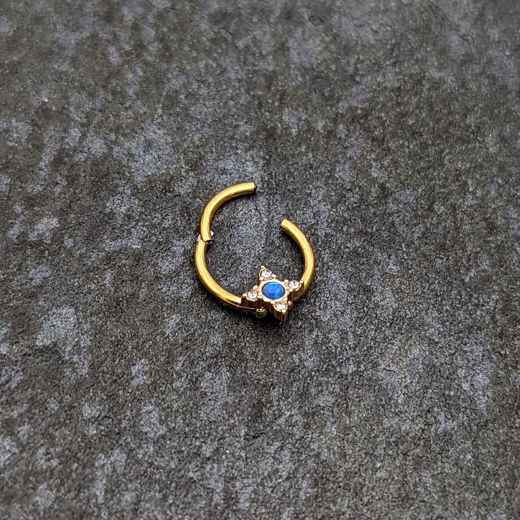 BodyCandy 16G 3/8 Blue Synthetic Opal Gold Hue Rhombus Hinged Segment Ring — back view
