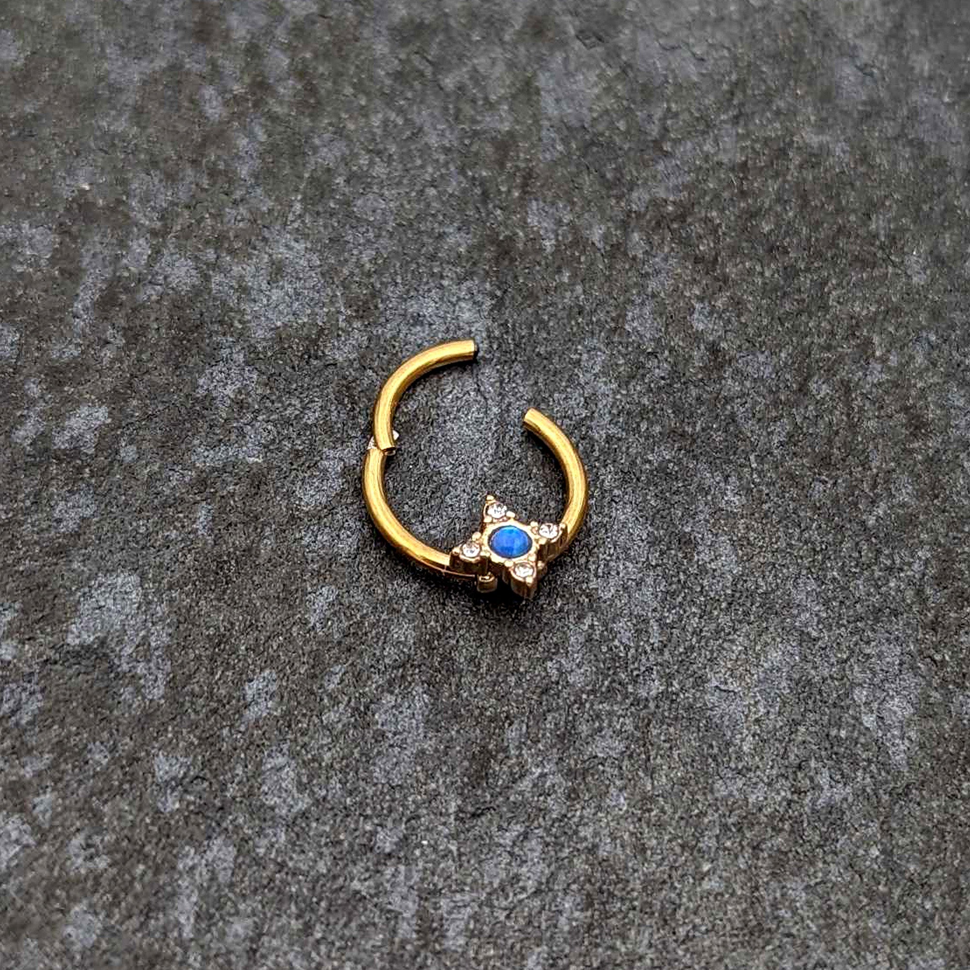 BodyCandy 16G 3/8 Blue Synthetic Opal Gold Hue Rhombus Hinged Segment Ring — back view