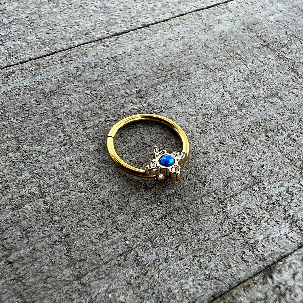 BodyCandy 16G 3/8 Blue Synthetic Opal Gold Hue Rhombus Hinged Segment Ring — alternative angle
