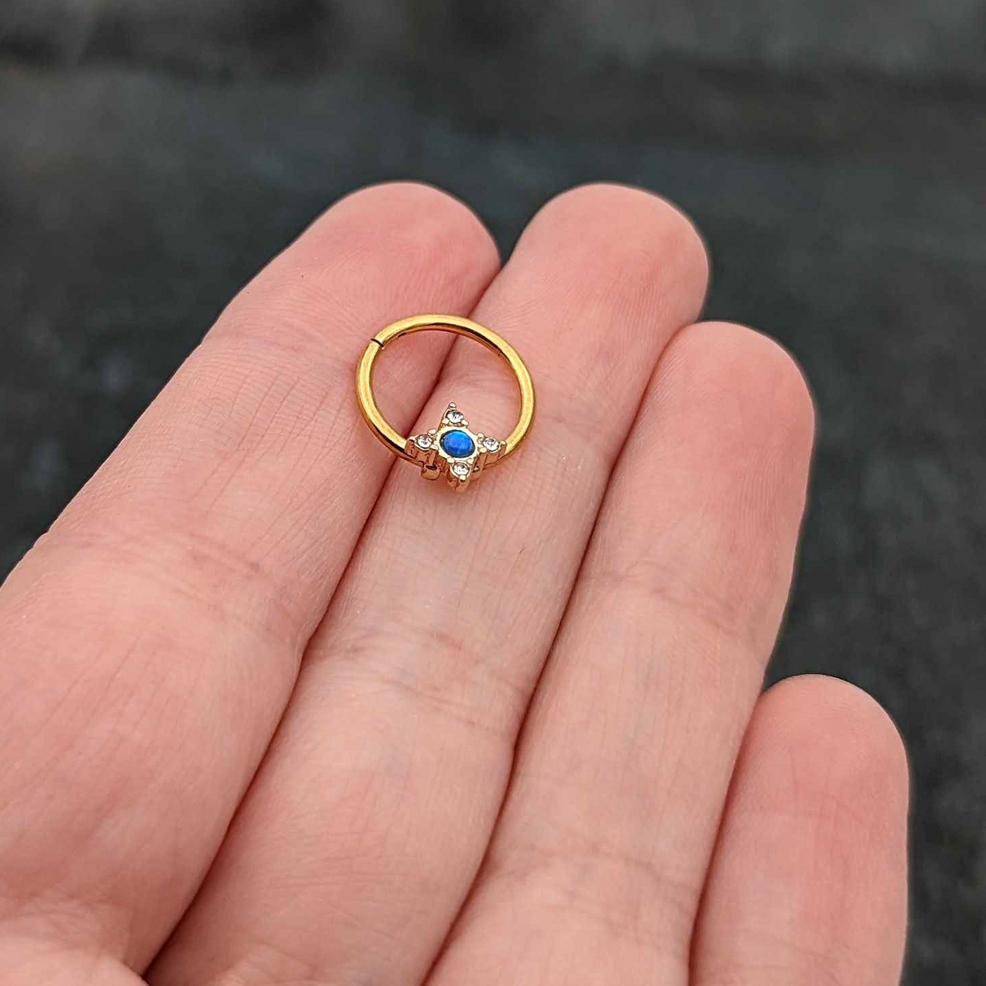 BodyCandy 16G 3/8 Blue Synthetic Opal Gold Hue Rhombus Hinged Segment Ring — size reference