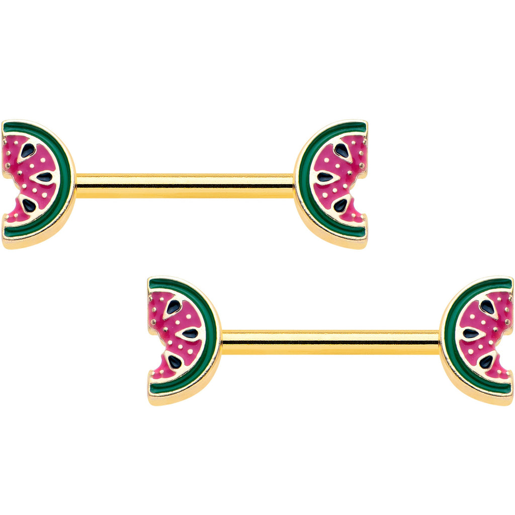 BodyCandy 14G 9/16 Gold Tone Watermelon Bite Barbell Nipple Ring Set — main product shot