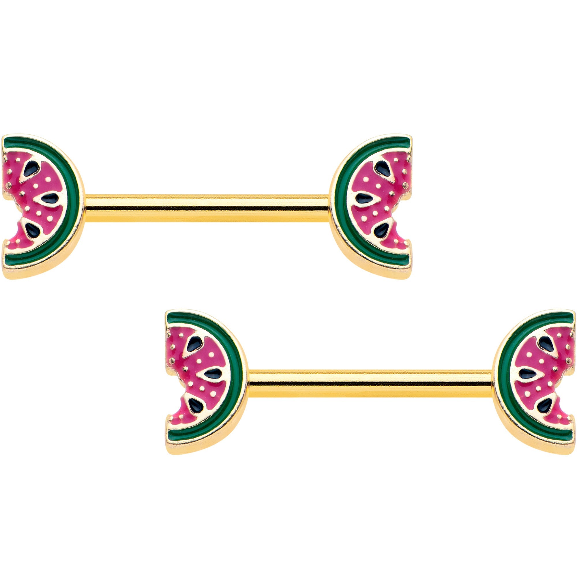 BodyCandy 14G 9/16 Gold Tone Watermelon Bite Barbell Nipple Ring Set — main product shot