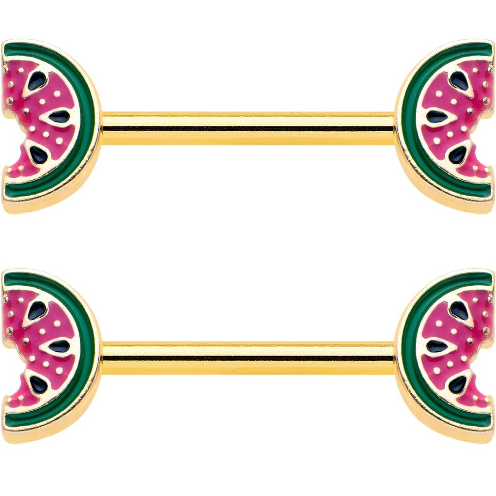 BodyCandy 14G 9/16 Gold Tone Watermelon Bite Barbell Nipple Ring Set — detail close-up