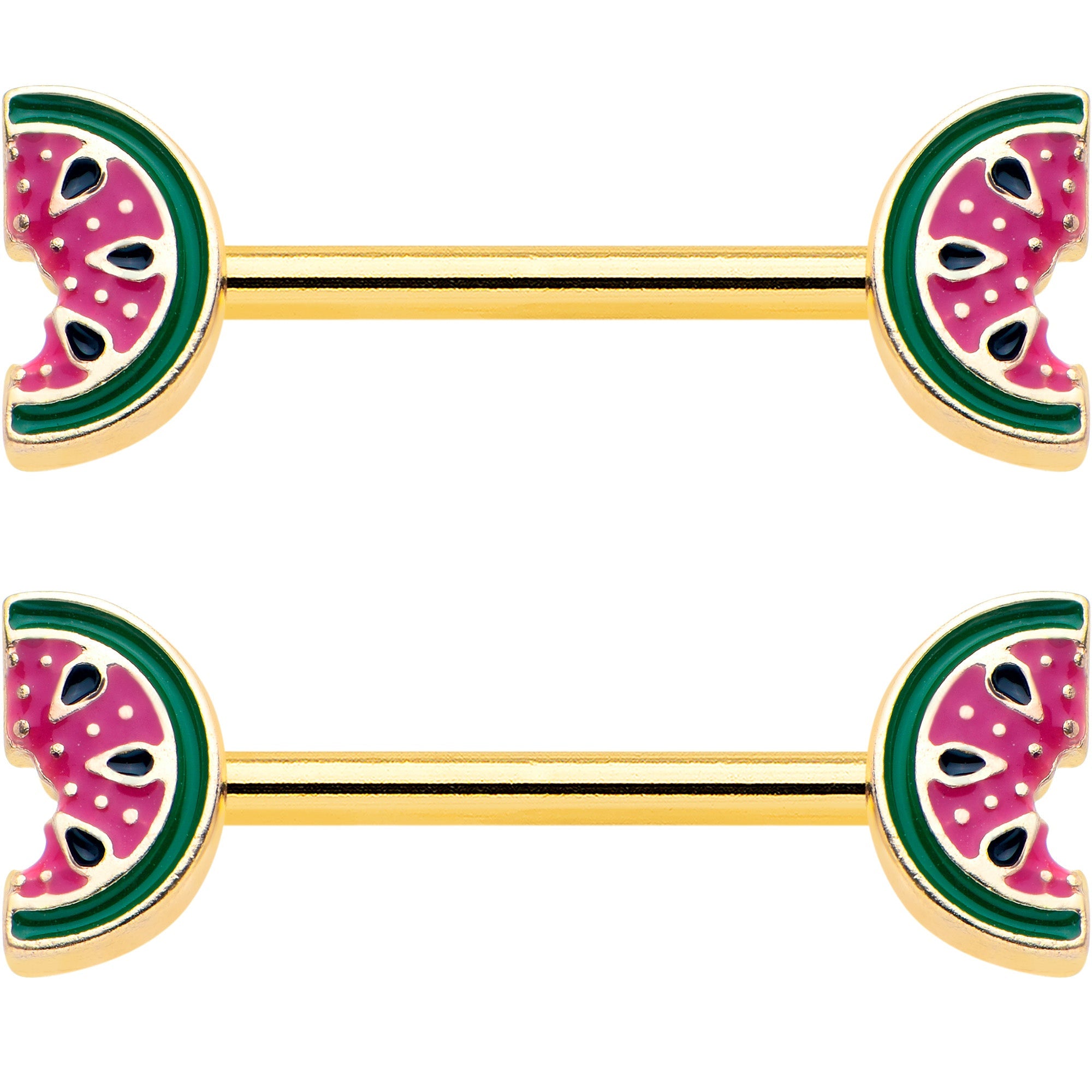 BodyCandy 14G 9/16 Gold Tone Watermelon Bite Barbell Nipple Ring Set — detail close-up