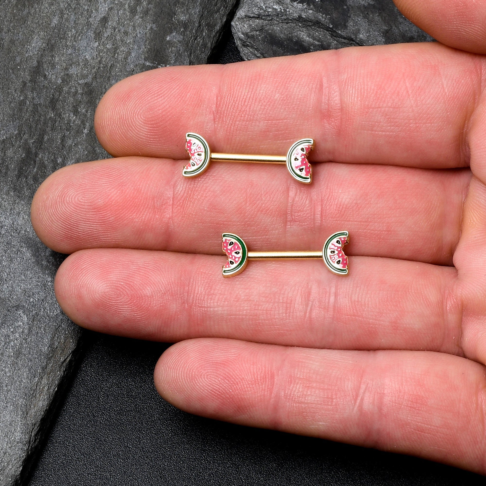 BodyCandy 14G 9/16 Gold Tone Watermelon Bite Barbell Nipple Ring Set — lifestyle context