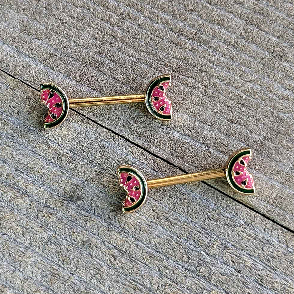 BodyCandy 14G 9/16 Gold Tone Watermelon Bite Barbell Nipple Ring Set — side view