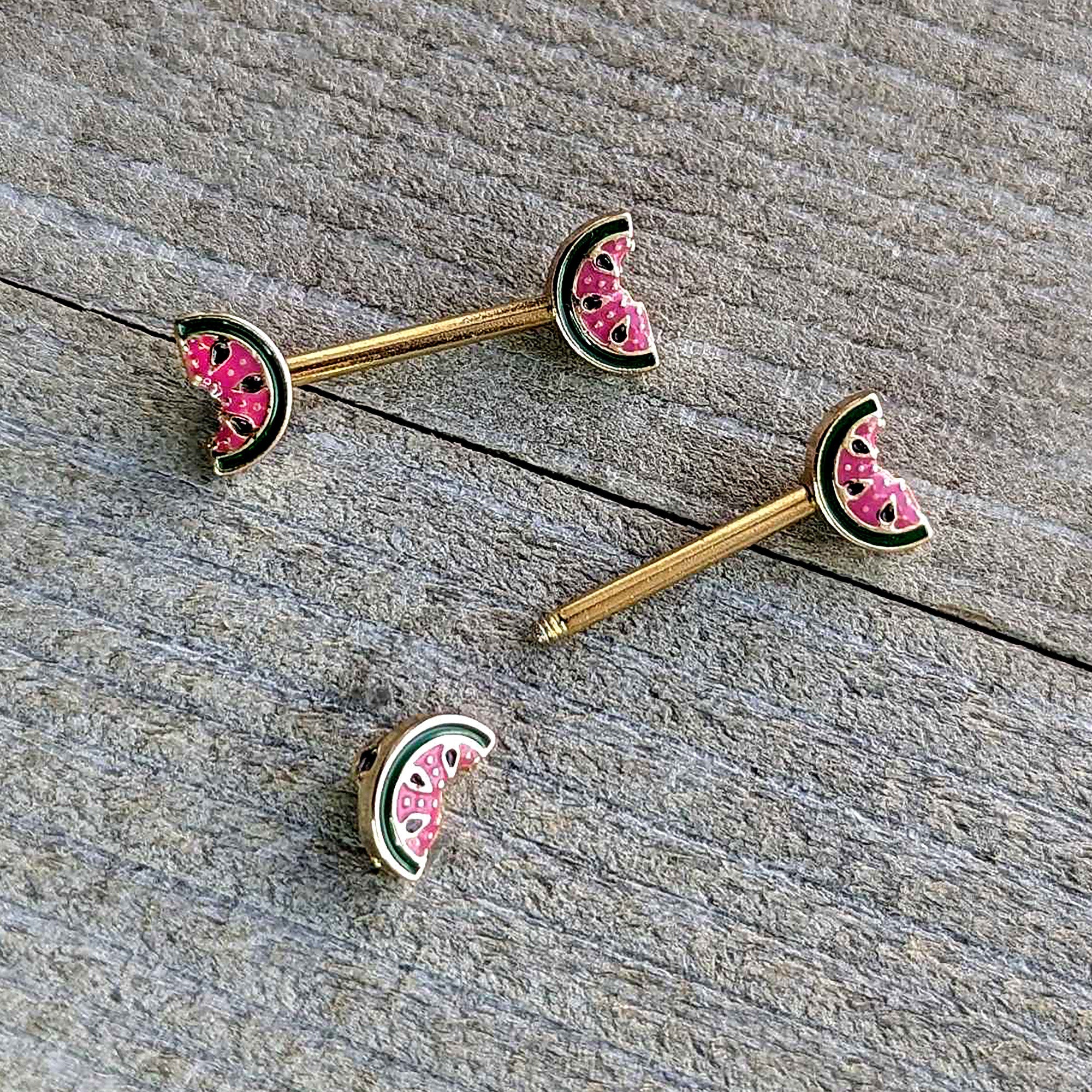 BodyCandy 14G 9/16 Gold Tone Watermelon Bite Barbell Nipple Ring Set — back view