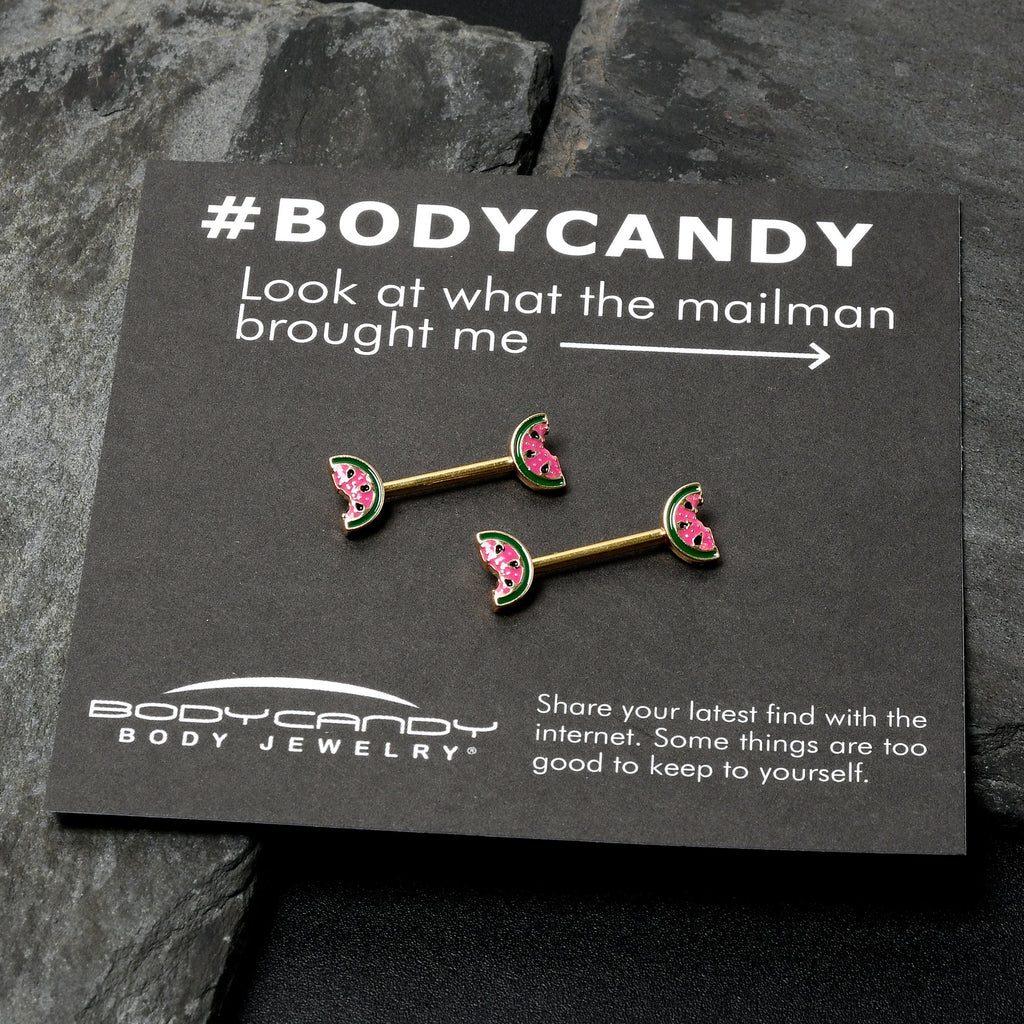 BodyCandy 14G 9/16 Gold Tone Watermelon Bite Barbell Nipple Ring Set — in-use photo
