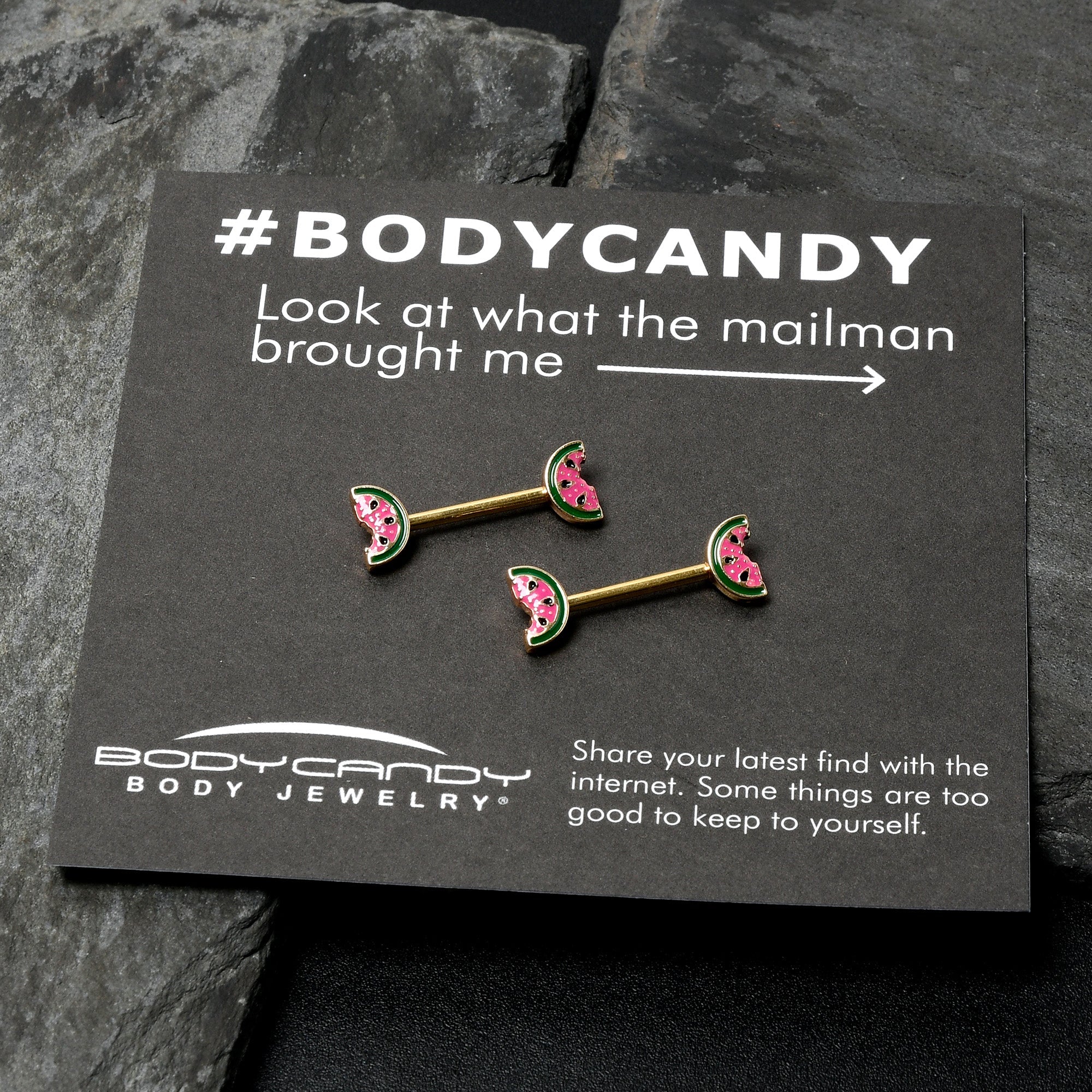 BodyCandy 14G 9/16 Gold Tone Watermelon Bite Barbell Nipple Ring Set — in-use photo