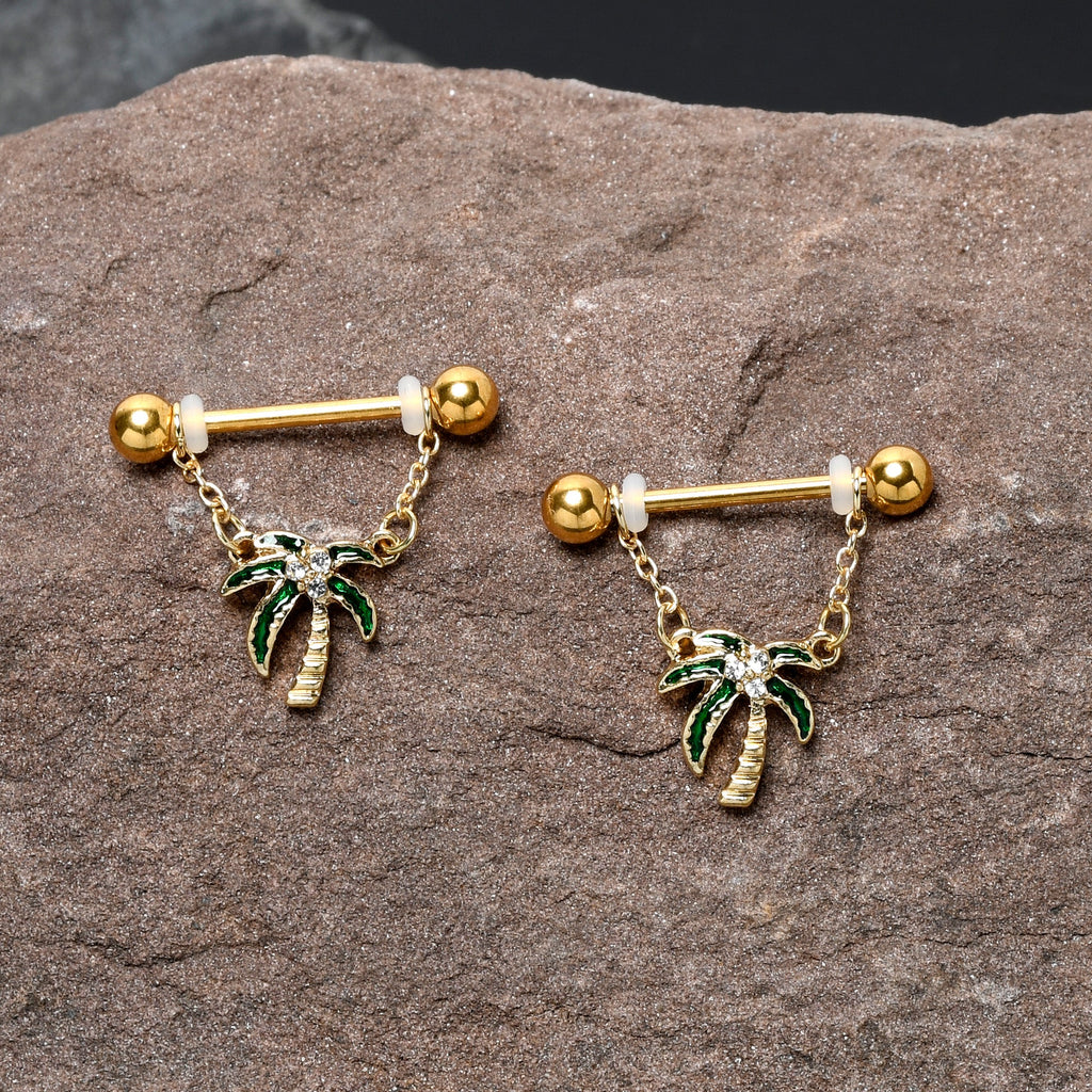BodyCandy 14G 9/16 Clear Gem Gold Hue Palm Tree Style Dangle Nipple Ring Set — detail close-up