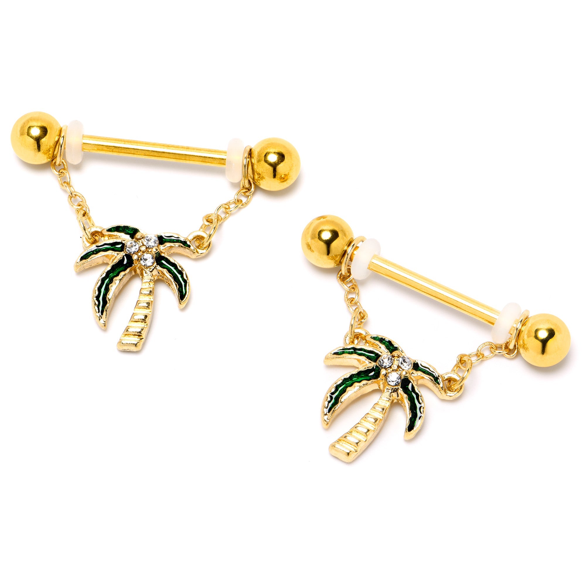 BodyCandy 14G 9/16 Clear Gem Gold Hue Palm Tree Style Dangle Nipple Ring Set — lifestyle context