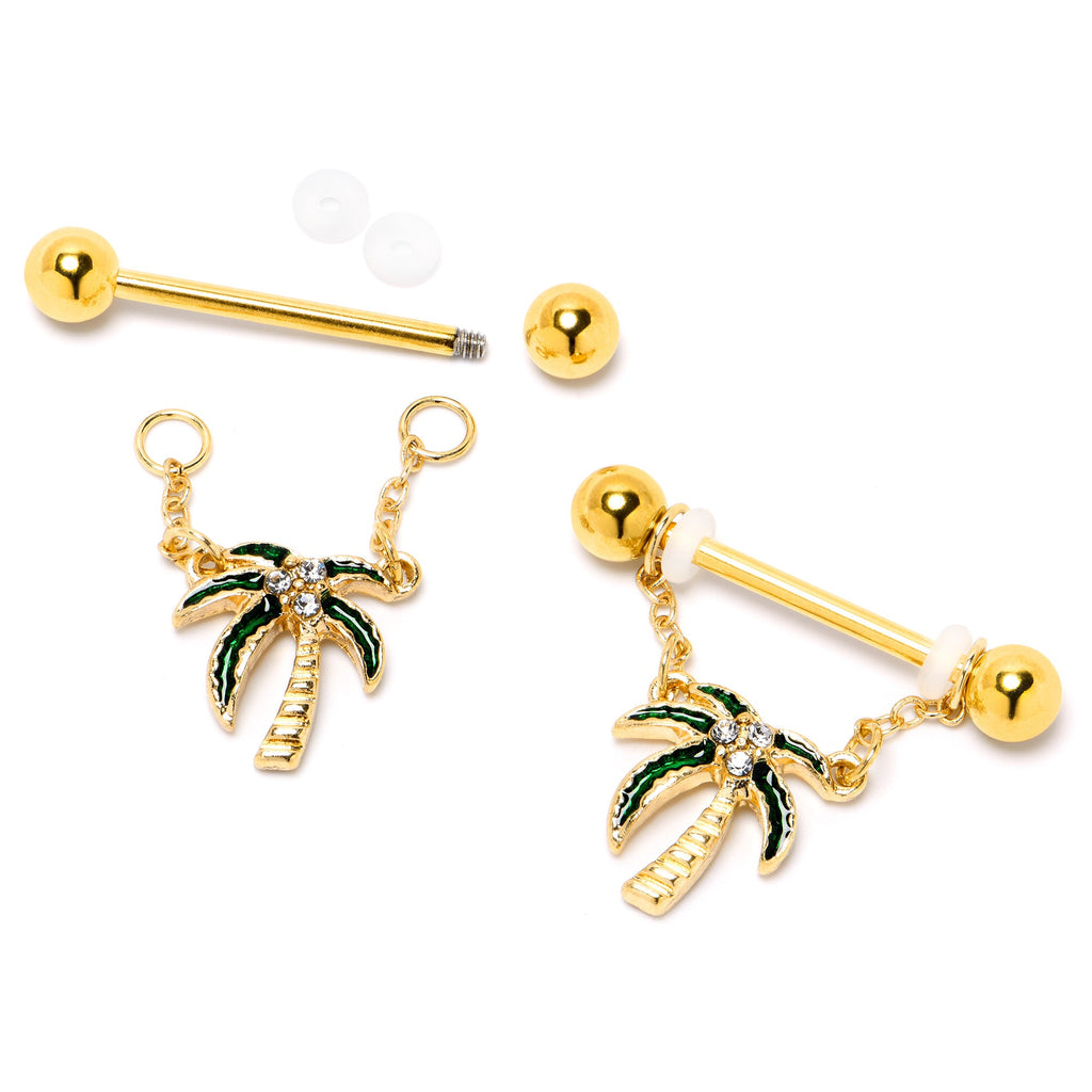 BodyCandy 14G 9/16 Clear Gem Gold Hue Palm Tree Style Dangle Nipple Ring Set — side view
