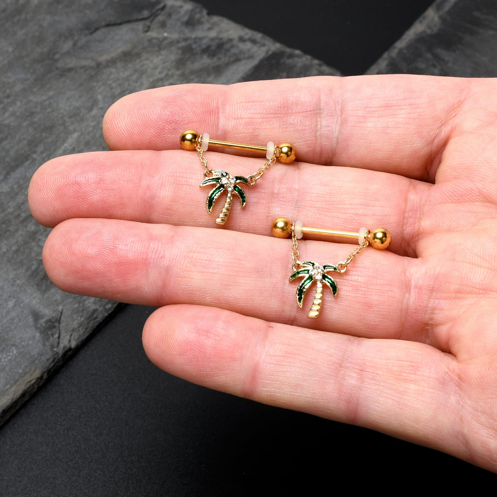 BodyCandy 14G 9/16 Clear Gem Gold Hue Palm Tree Style Dangle Nipple Ring Set — back view