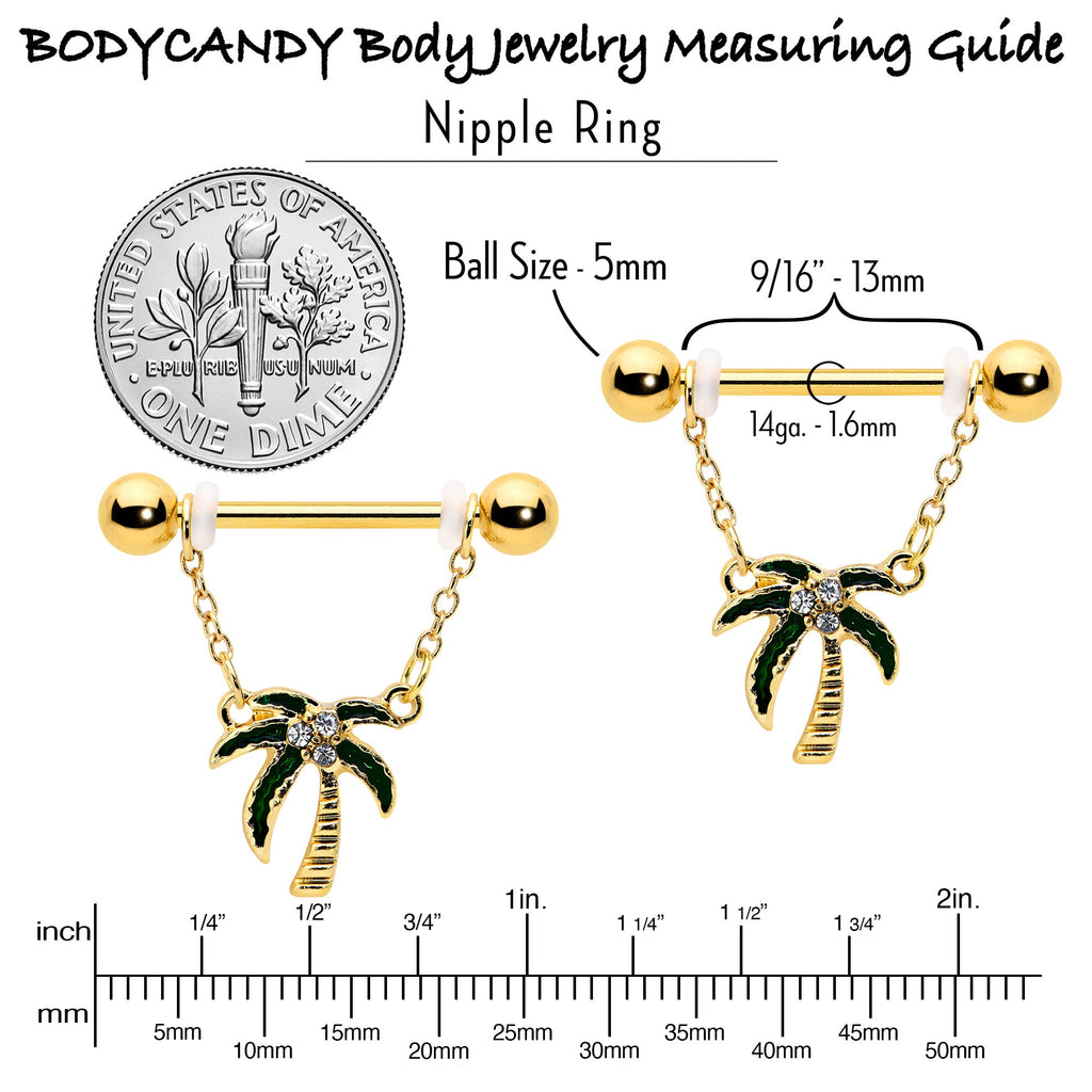 BodyCandy 14G 9/16 Clear Gem Gold Hue Palm Tree Style Dangle Nipple Ring Set — alternative angle