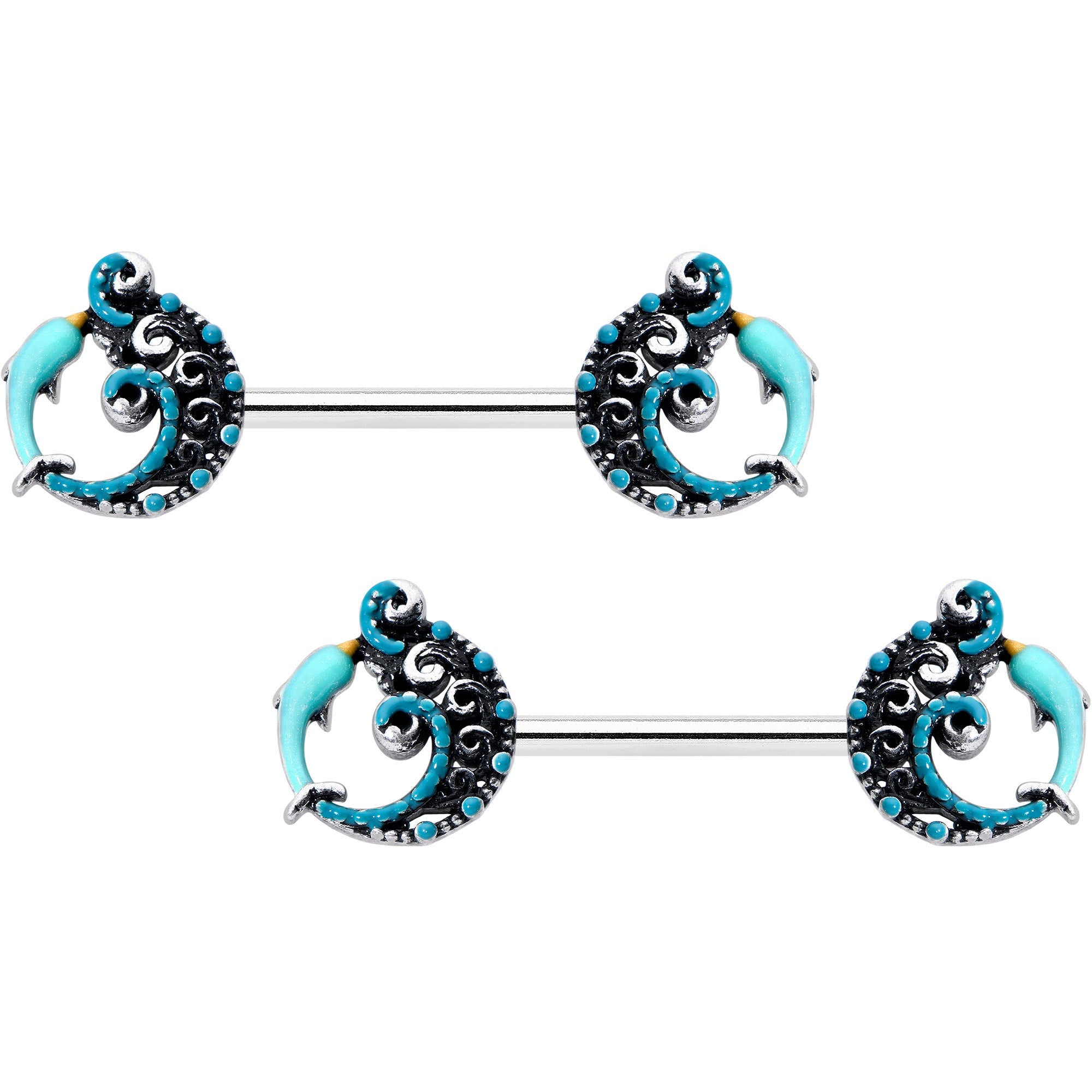 BodyCandy 14G 9/16 Leaping Blue Dolphin Barbell Nipple Ring Set — main product shot