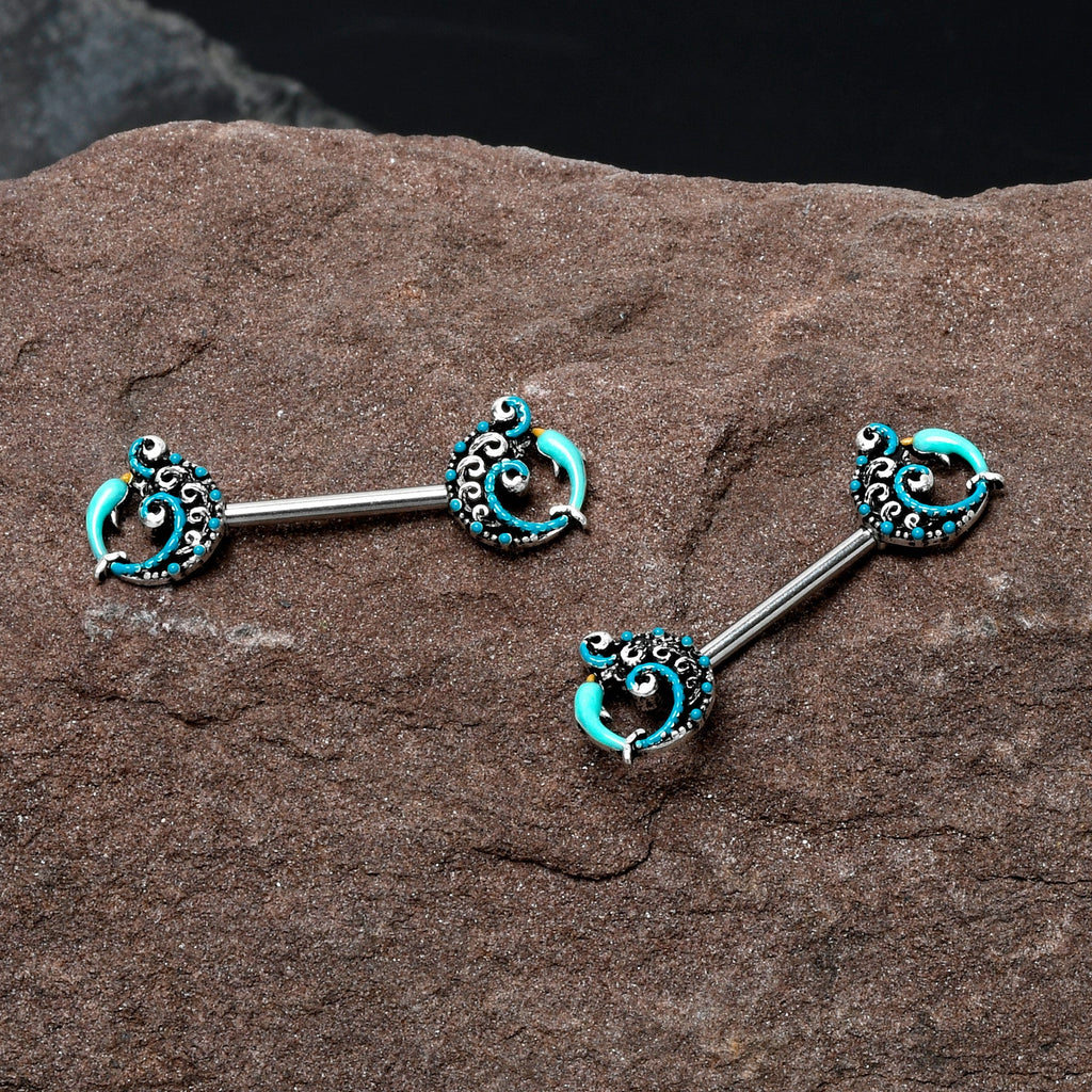 BodyCandy 14G 9/16 Leaping Blue Dolphin Barbell Nipple Ring Set — detail close-up