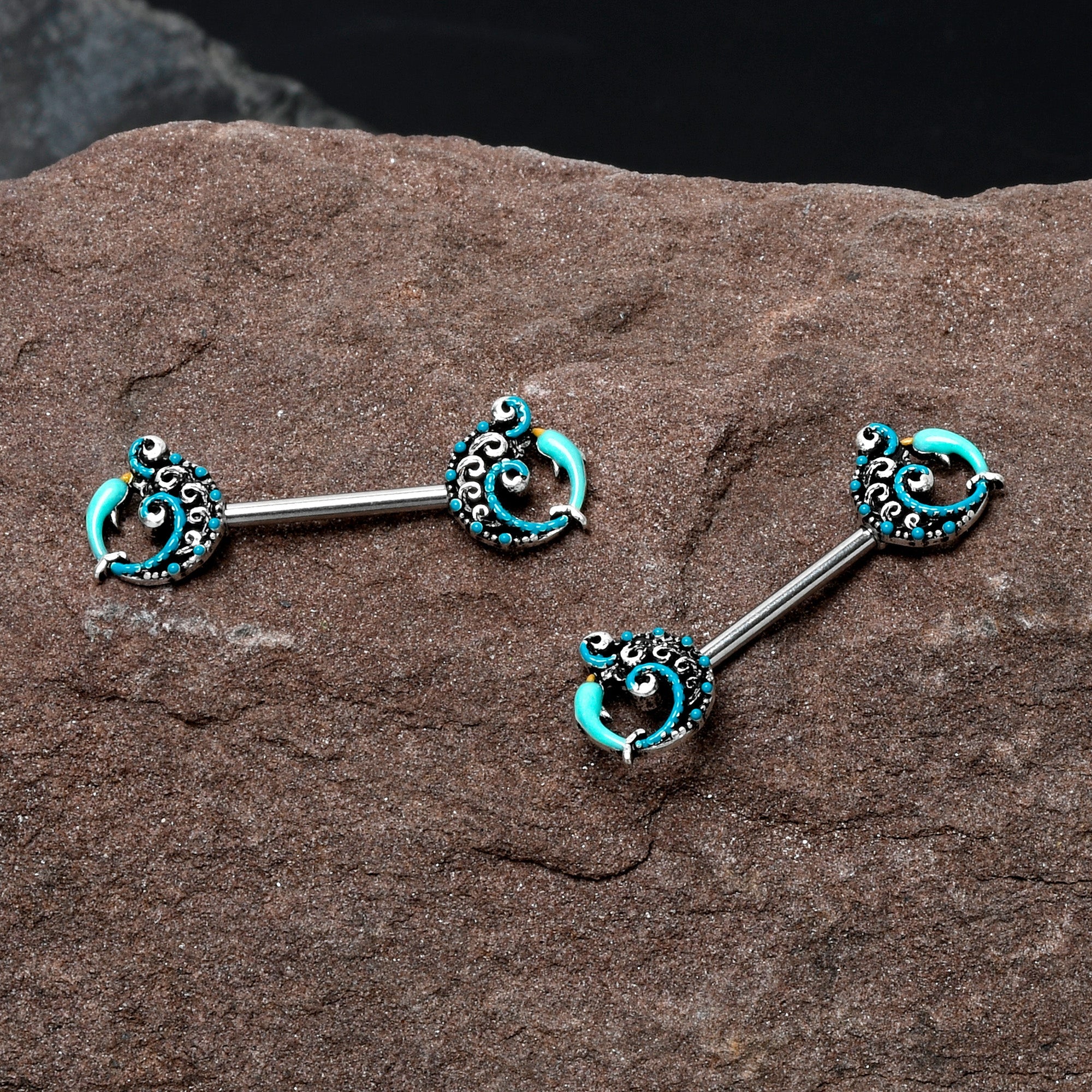 BodyCandy 14G 9/16 Leaping Blue Dolphin Barbell Nipple Ring Set — detail close-up