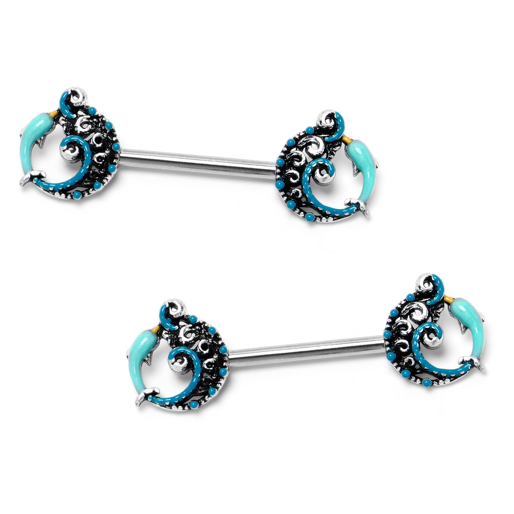 BodyCandy 14G 9/16 Leaping Blue Dolphin Barbell Nipple Ring Set — lifestyle context