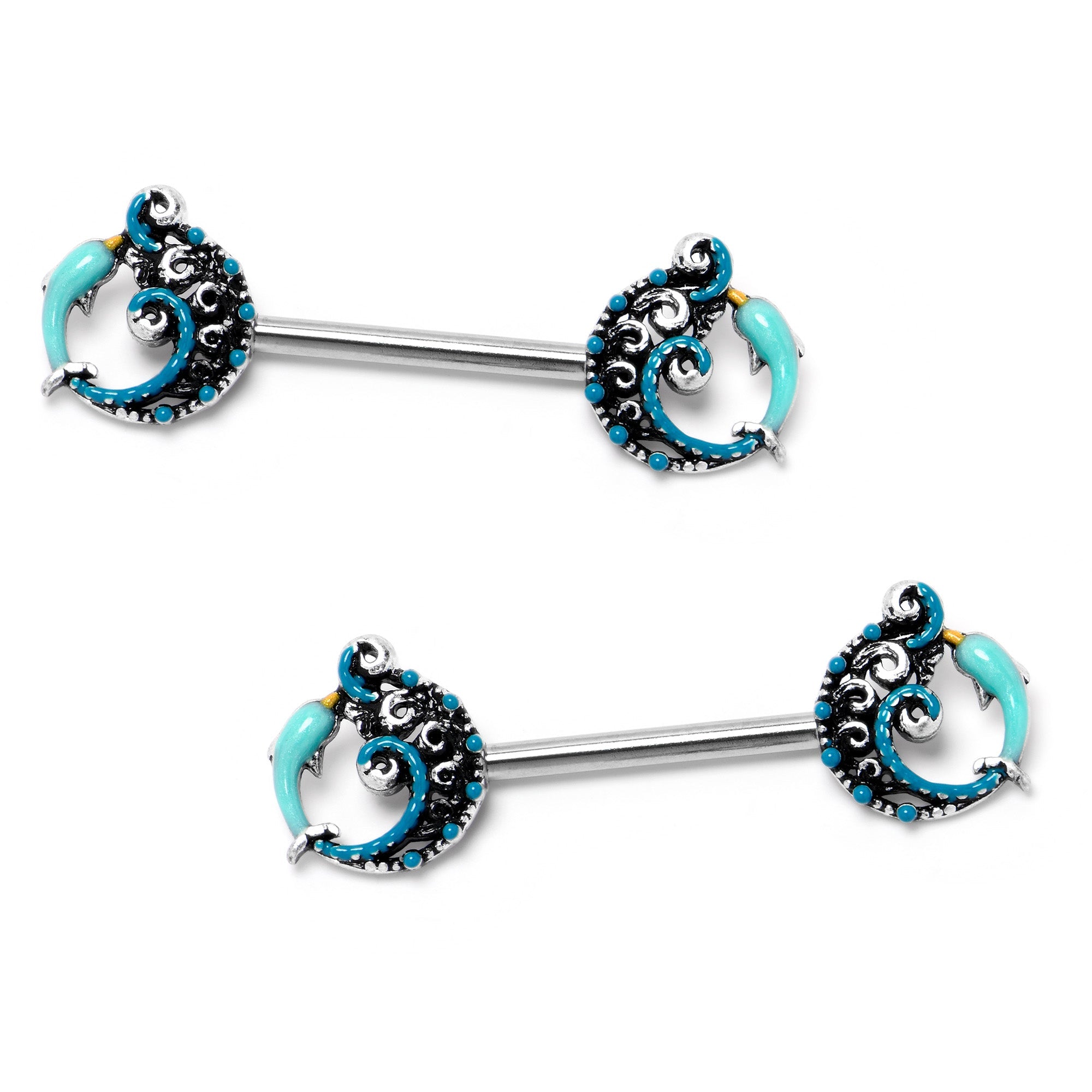 BodyCandy 14G 9/16 Leaping Blue Dolphin Barbell Nipple Ring Set — lifestyle context