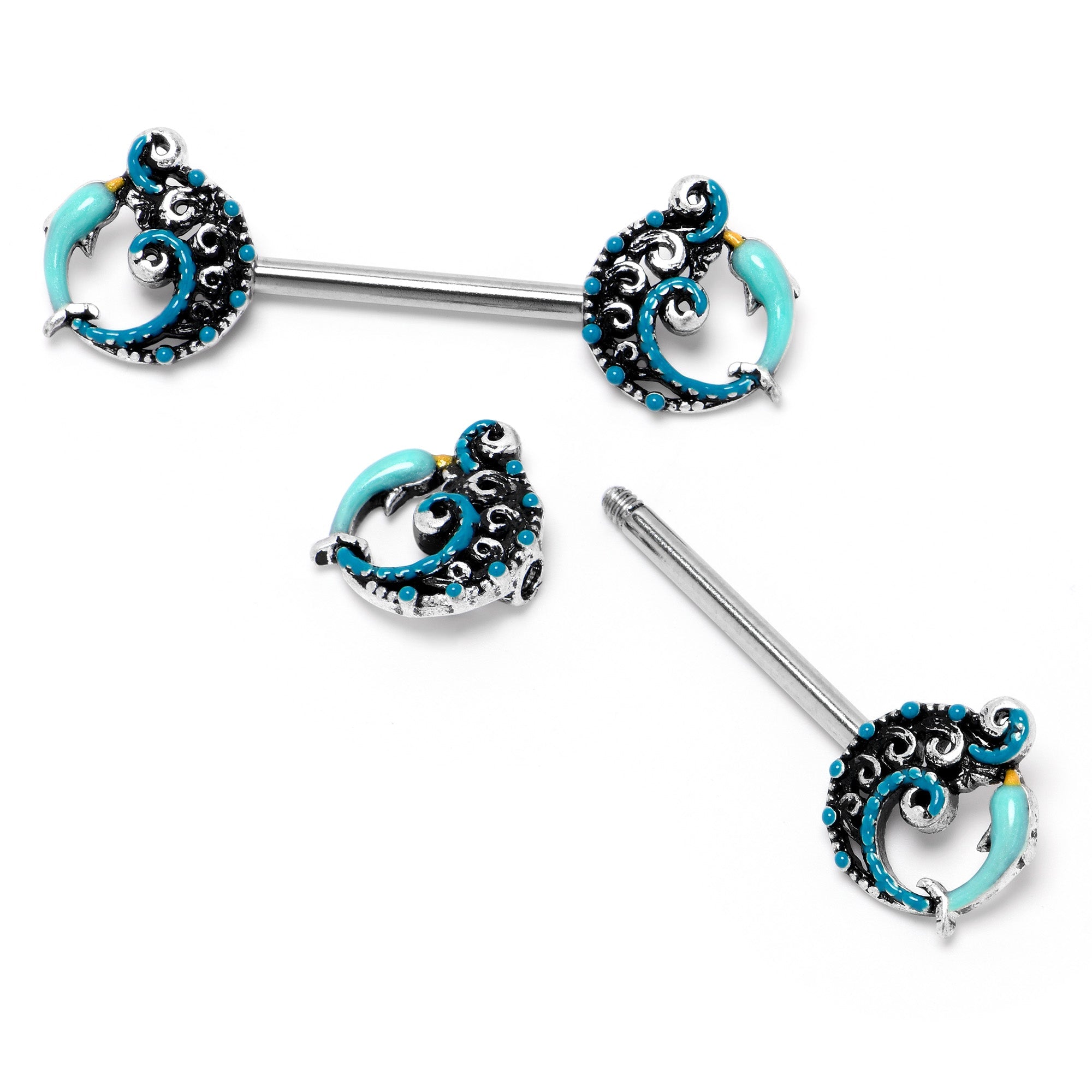BodyCandy 14G 9/16 Leaping Blue Dolphin Barbell Nipple Ring Set — side view