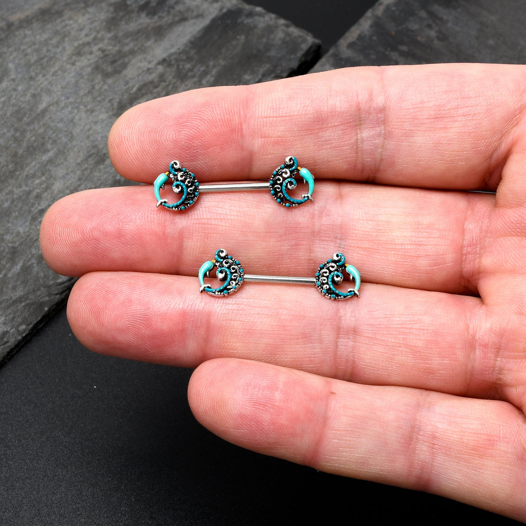 BodyCandy 14G 9/16 Leaping Blue Dolphin Barbell Nipple Ring Set — back view