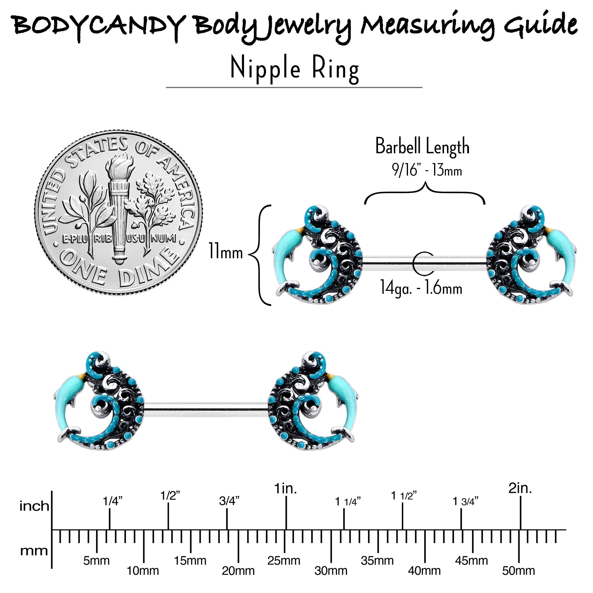 BodyCandy 14G 9/16 Leaping Blue Dolphin Barbell Nipple Ring Set — alternative angle