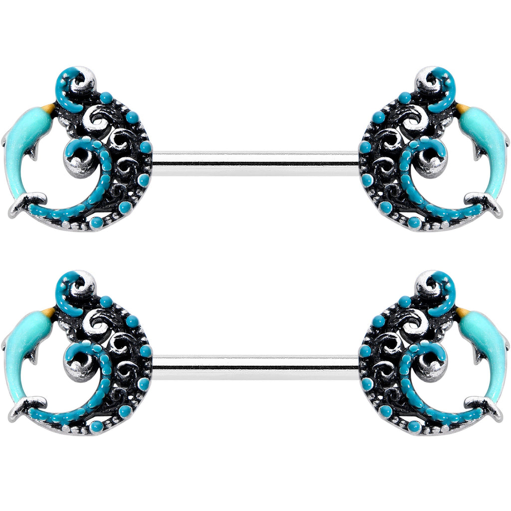 BodyCandy 14G 9/16 Leaping Blue Dolphin Barbell Nipple Ring Set — size reference
