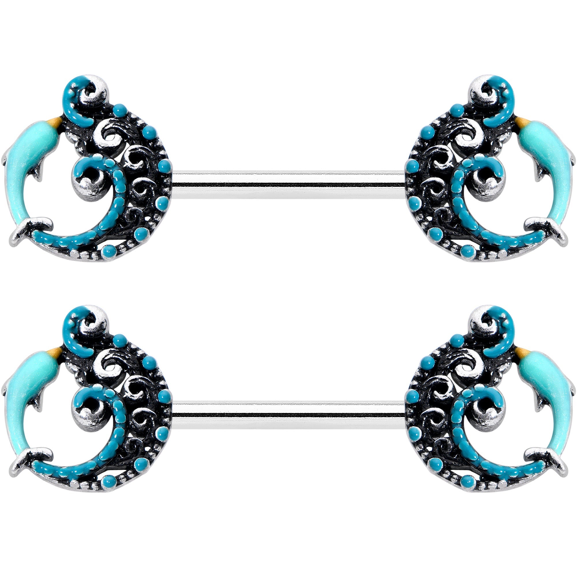 BodyCandy 14G 9/16 Leaping Blue Dolphin Barbell Nipple Ring Set — size reference